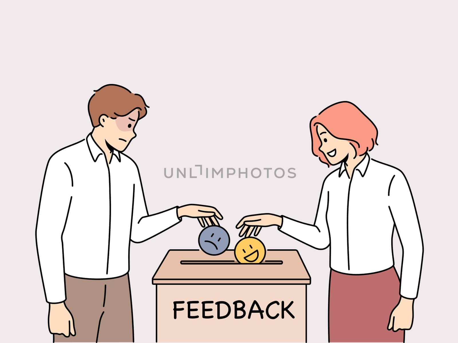 Man and woman throwing emojis into box give positive or negative feedback for service. People like or dislike company service. Vector illustration.