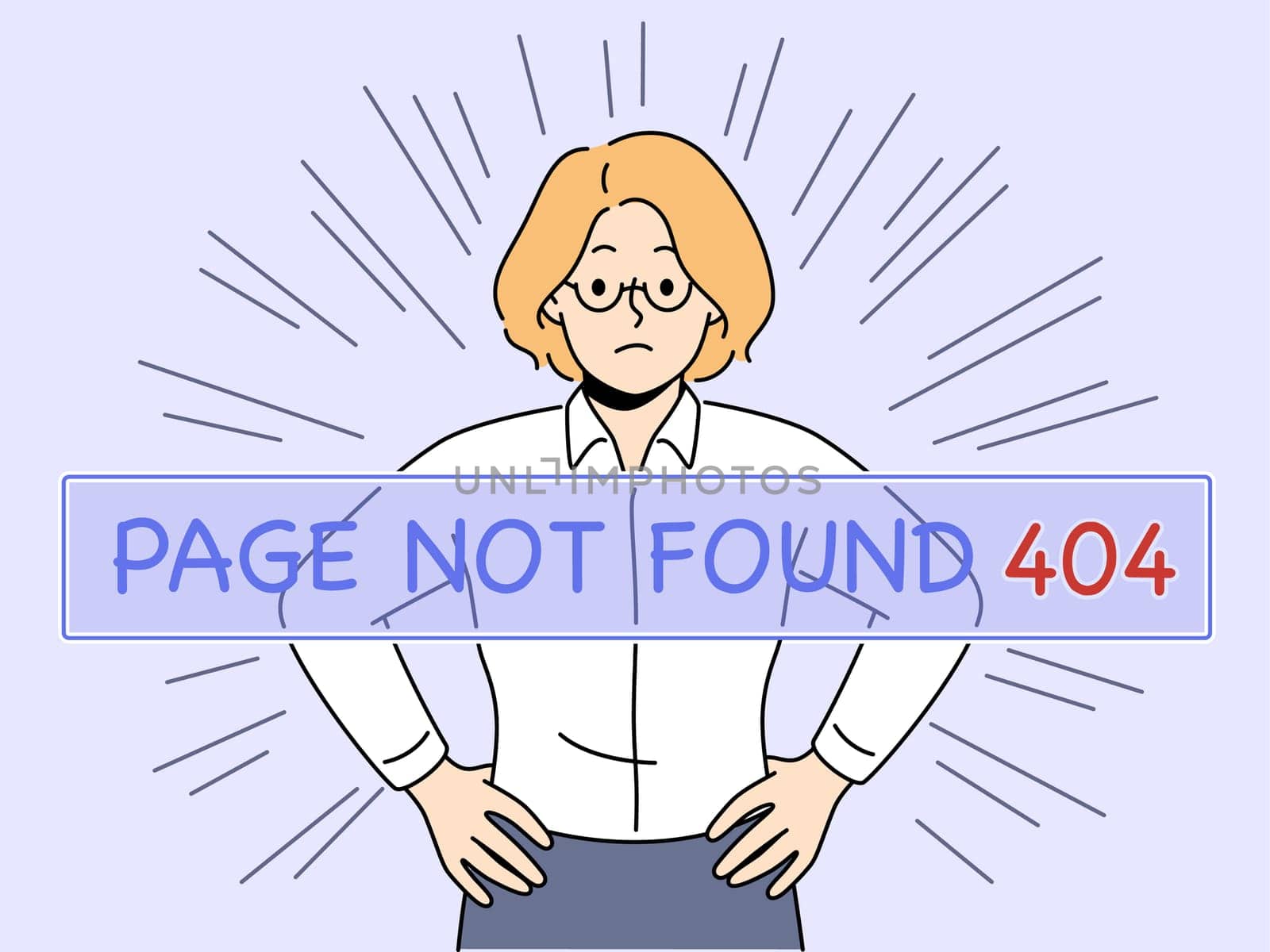 Distressed businesswoman see page not found problem. Unhappy female employee receive 404 error notification while working. Vector illustration.