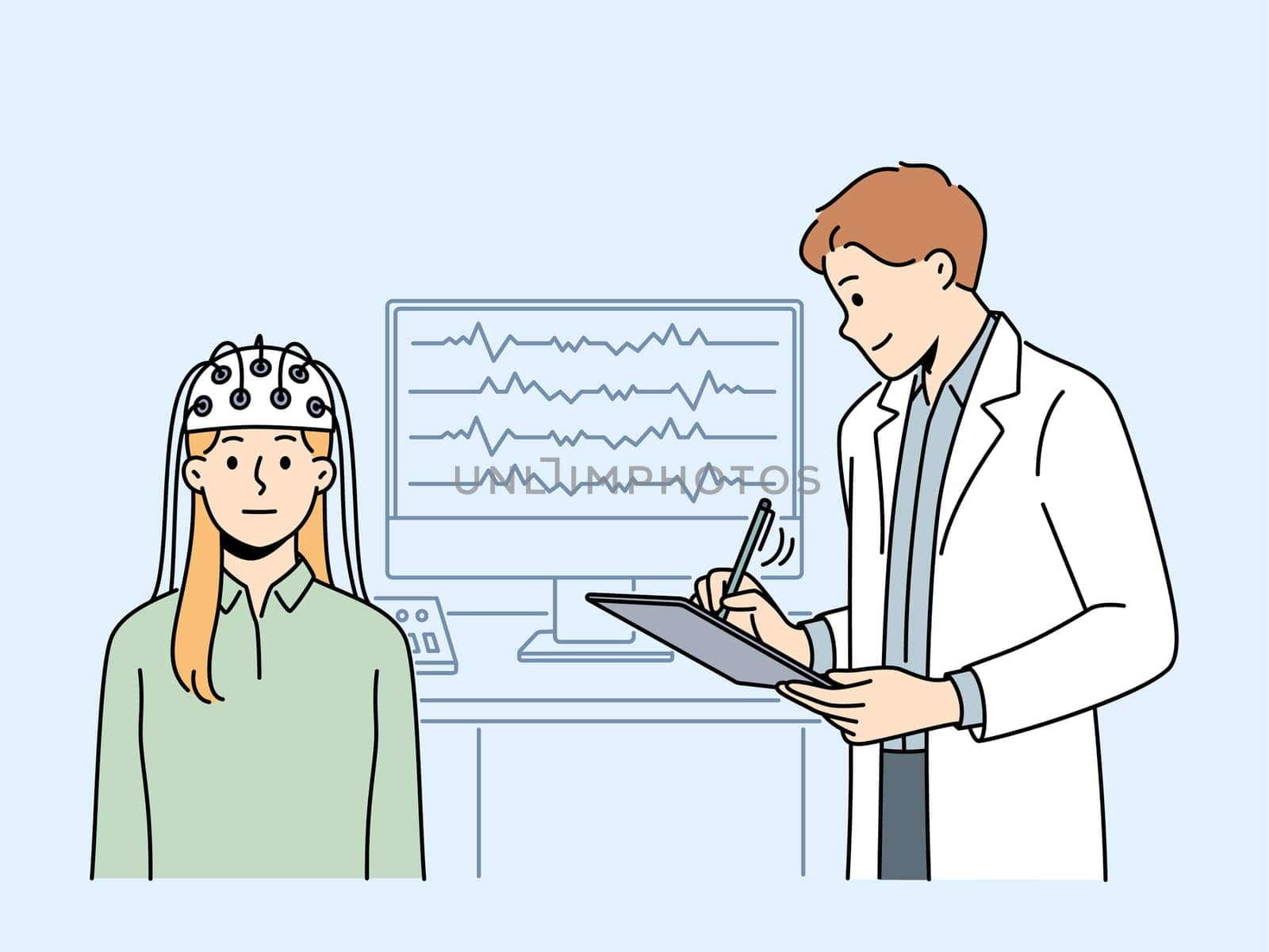 Woman patient do EEG scan in hospital. Male doctor examine woman client in neurology clinic. Neurological checkup and examination. Vector illustration.