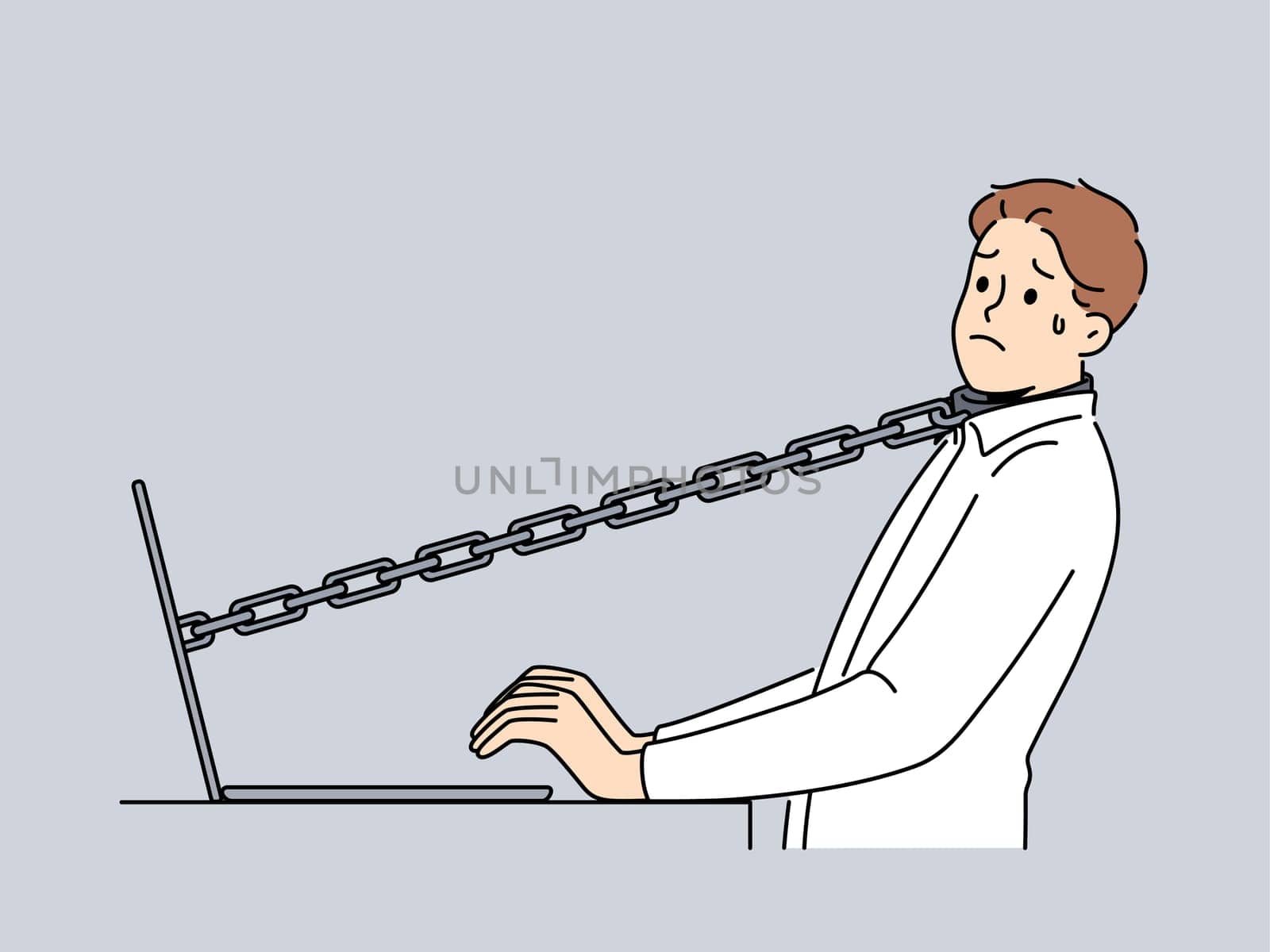 Stressed male employee tied with chain to computer in office. Unhappy man worker attached to laptop struggle with stressful job. Vector illustration.