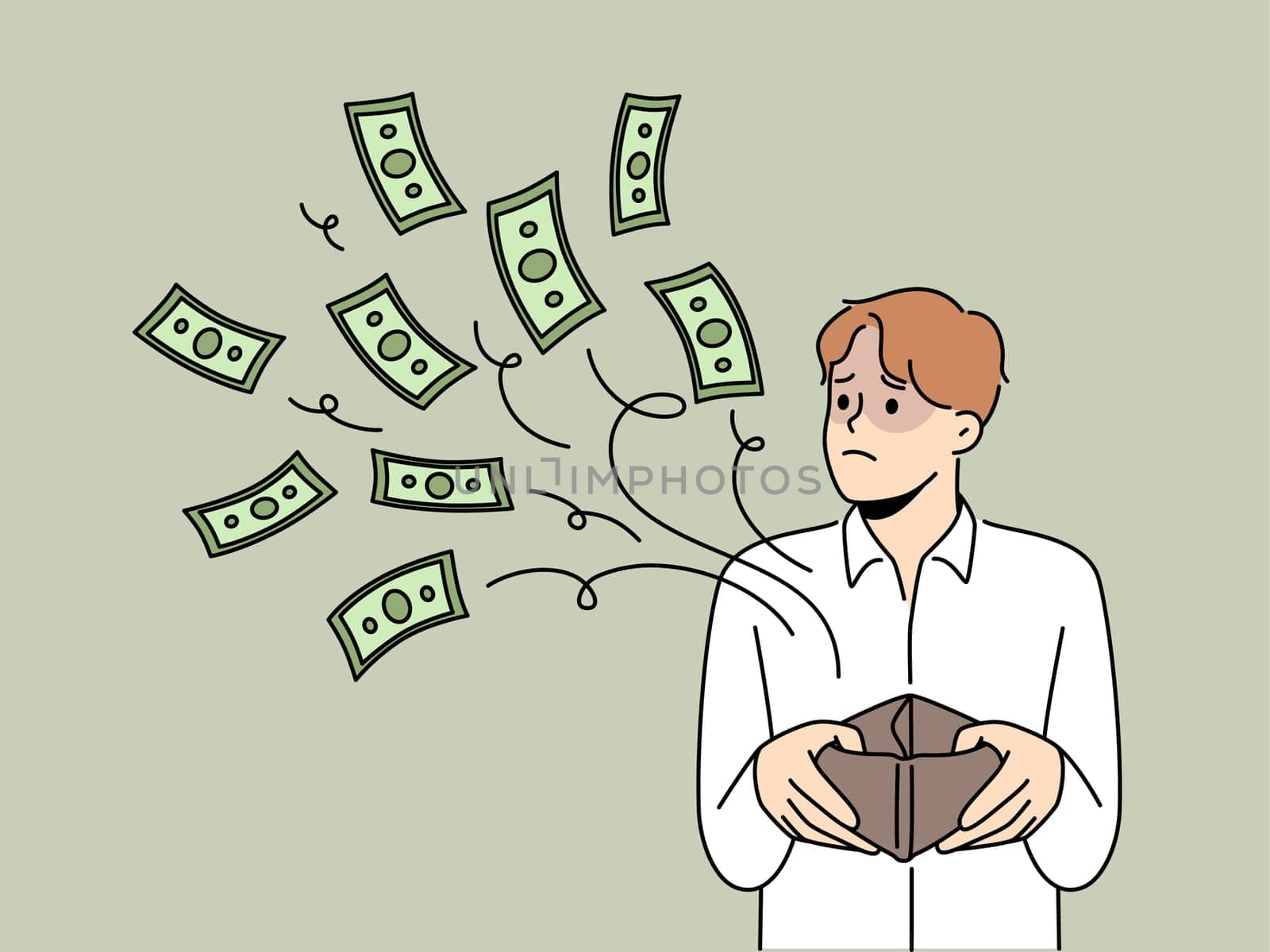 Distressed man with empty wallet suffer from bankruptcy. Unhappy frustrated male have cash flowing from purse. Finance problems. Vector illustration.