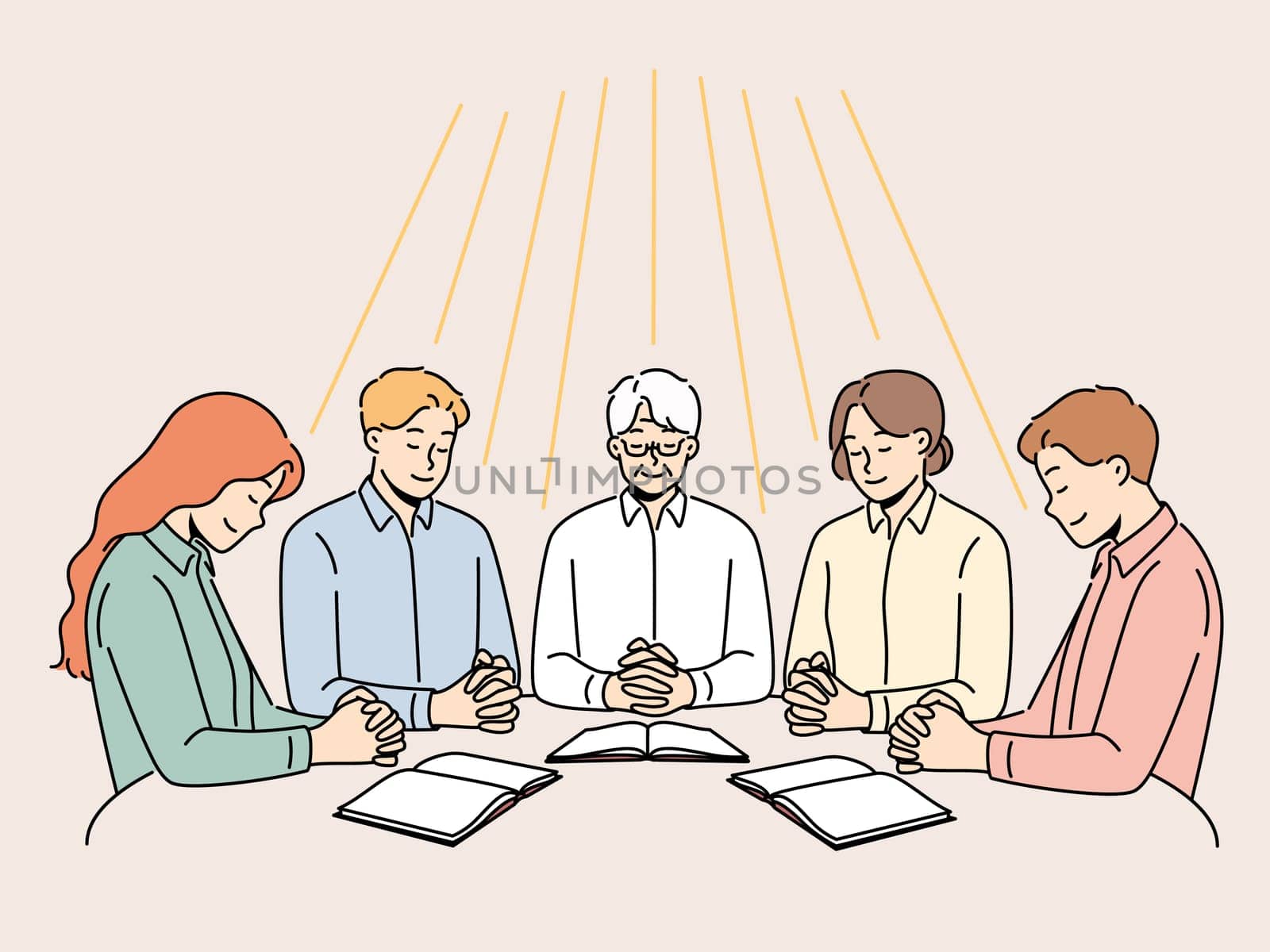 Group of diverse people sit at table praying together. Men and women engaged in prayer ask god for fate and fortune. Faith and religion. Vector illustration.