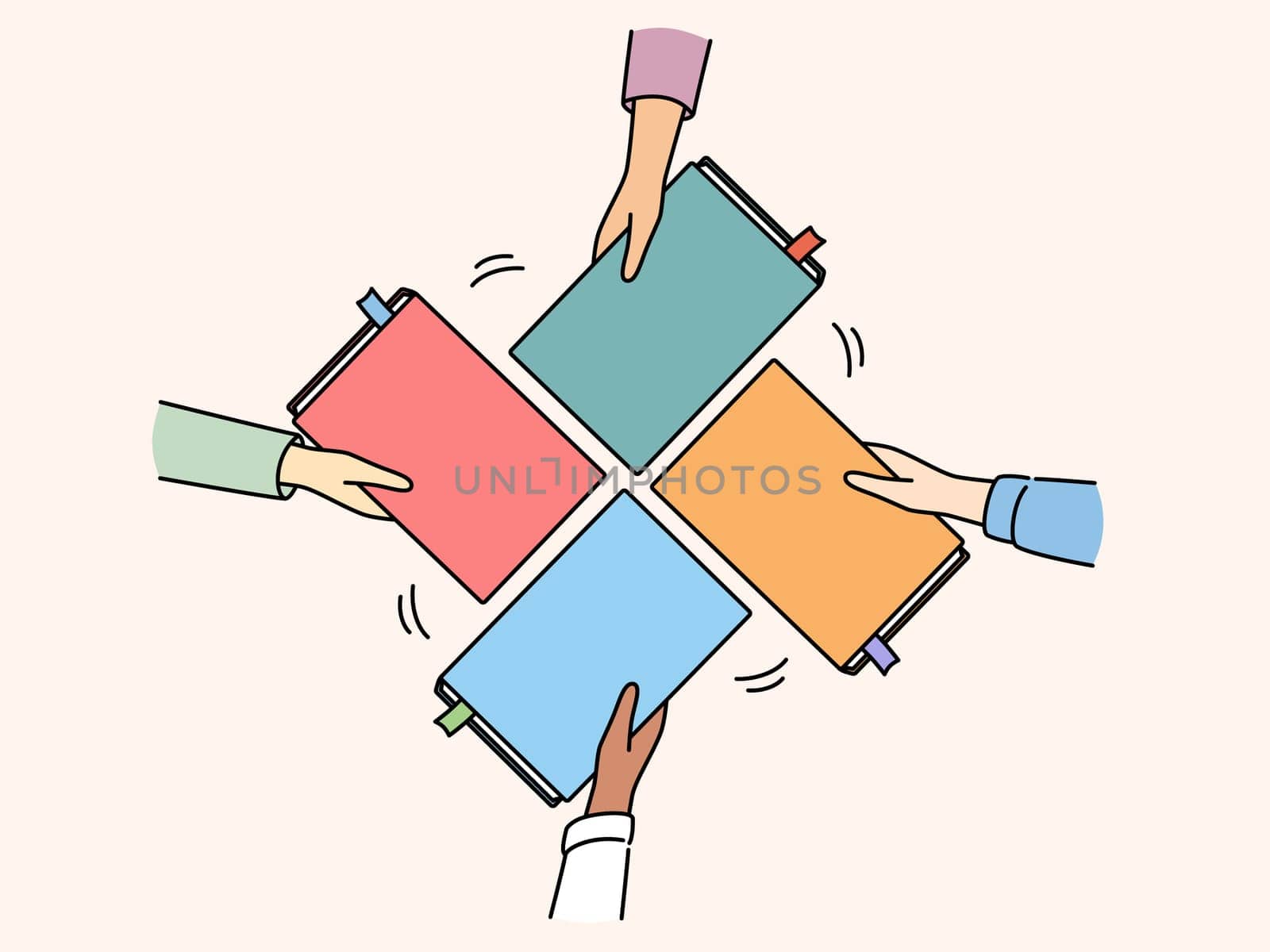 Diverse people with books in hands involved in book crossing event. Friends exchange textbooks at literature gathering. Bookcrossing and education. Vector illustration.