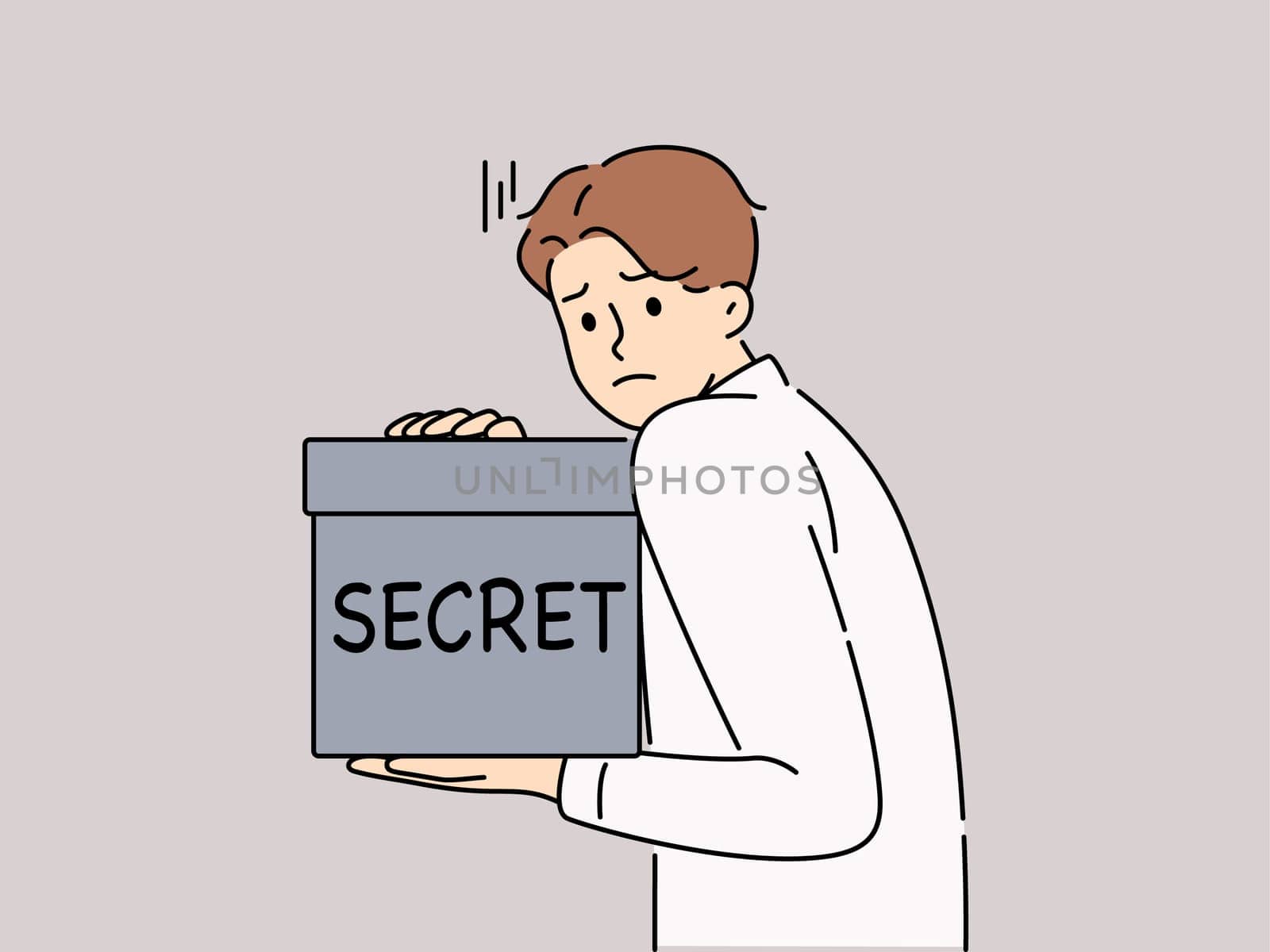 Distressed man holding black box with hidden information. Unhappy frustrated male employee with secret box in hands. Vector illustration.