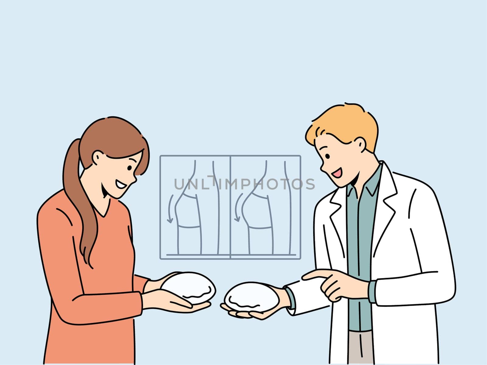 Smiling male plastic surgeon in uniform show breast implants to female client. Happy man cosmetic doctor consult woman patient in aesthetic medicine clinic. Vector illustration.
