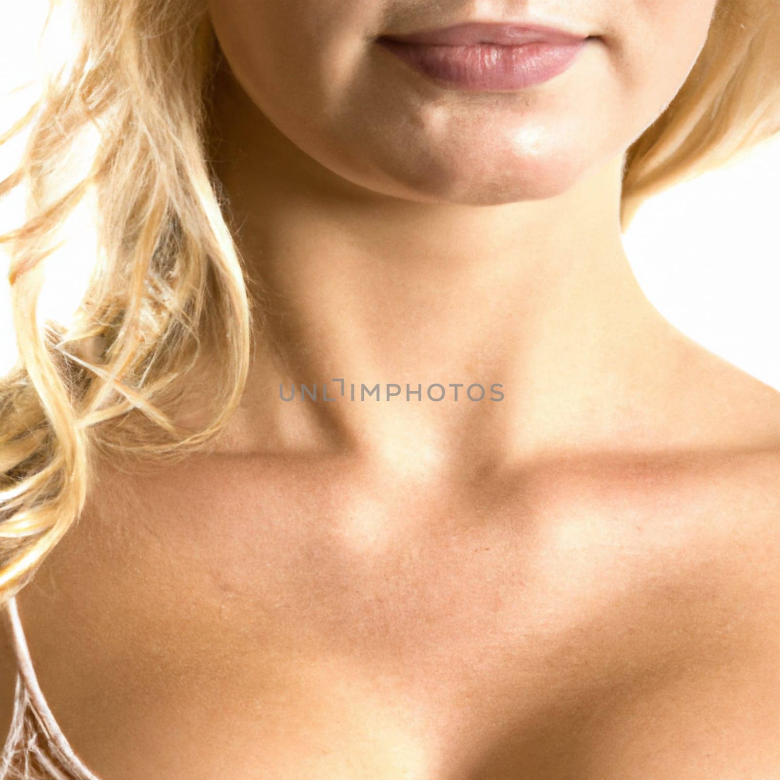 Girl or woman, beautiful and young blonde. Neck, chin and alluring decollete with curvaceous female forms. Caucasian smiles. Medical aspect, thyroid problems. Long light hair. Lipstick natural color