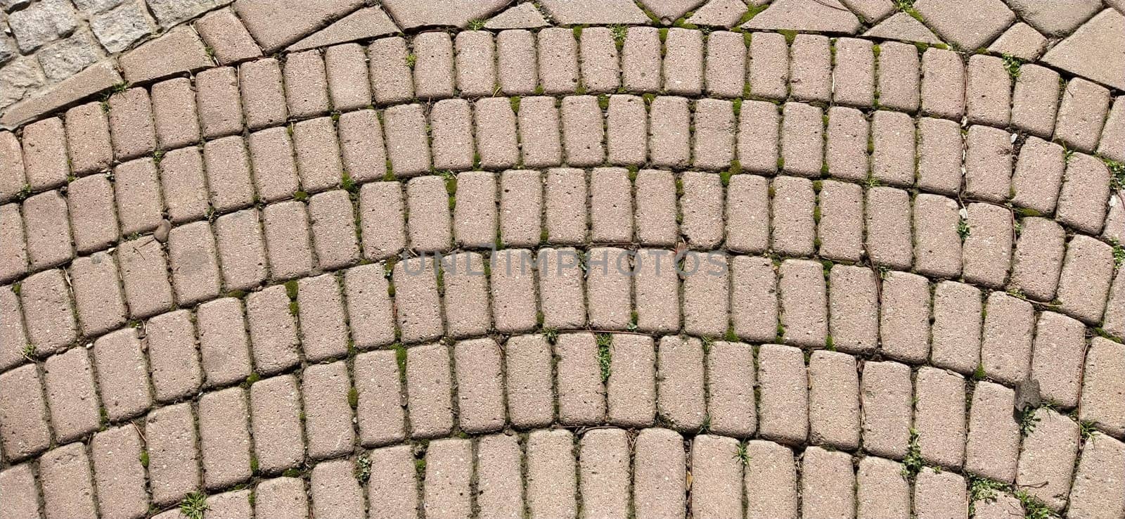 Cobbled street of the old city, lined with square and rectangular stone tiles in a chaotic manner. Soft beige or yellow colors and tones. The texture of the stone. Geometric pattern