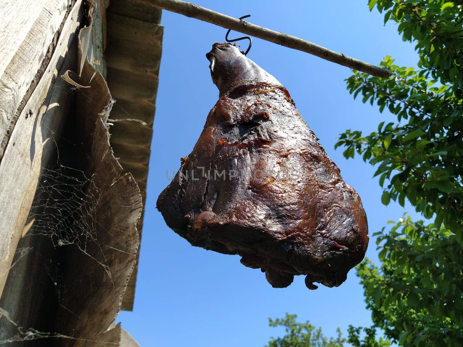Meat. Homemade ham hanging on a hook. Dried smoked pork. Rustic food. Folk recipe. Turban, Fruska Mountain, Serbia. Home meat production. Farm.