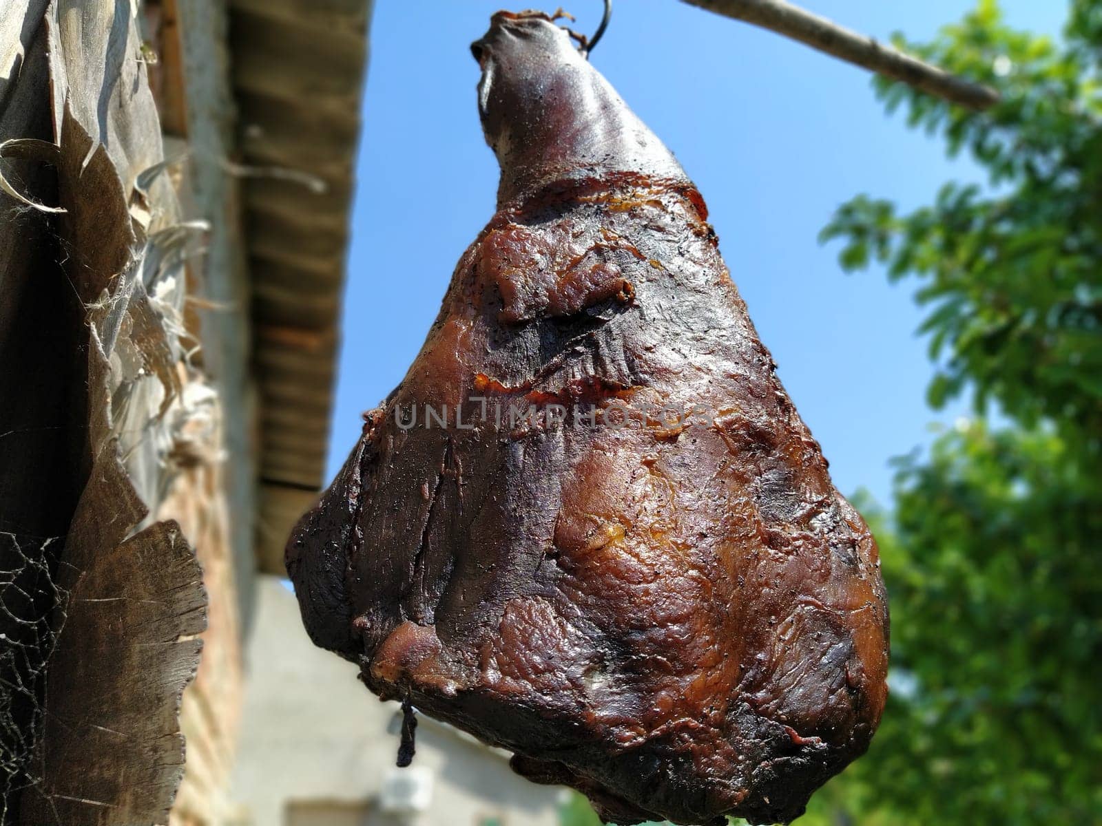 Homemade ham. Farm product of Serbian producers. Dried salted smoky pork hind leg. Meat delicacy. Meat suspended in the air to dry. Protein diet. Traditional cooking.