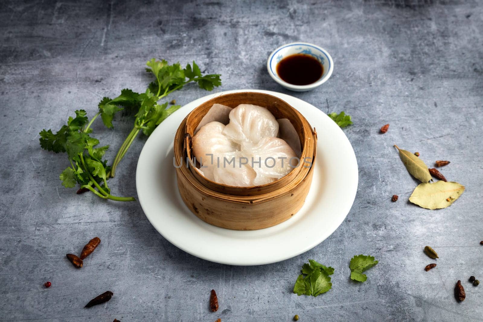 Hot Asian food traditional Hacao in a wooden plate