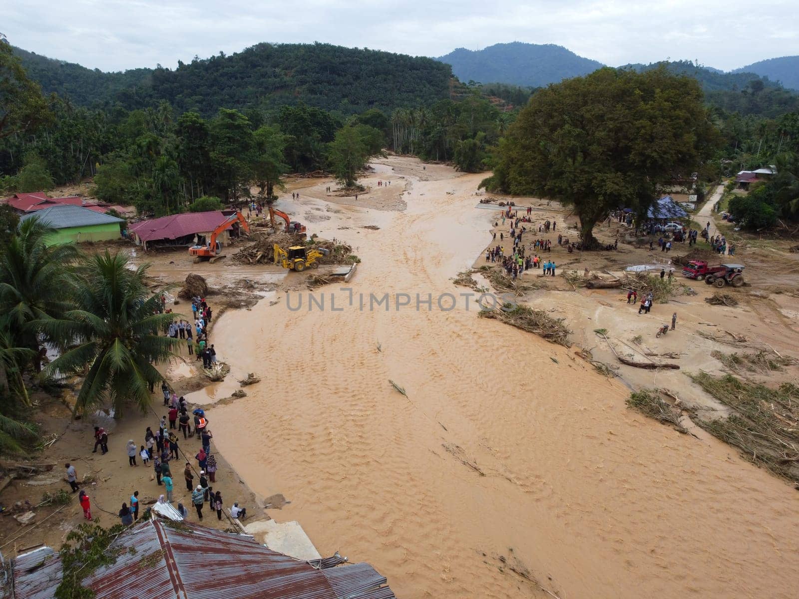 Baling, Kedah, Malaysia - Jul 05 2022: Aerial view disaster of flash flood scene