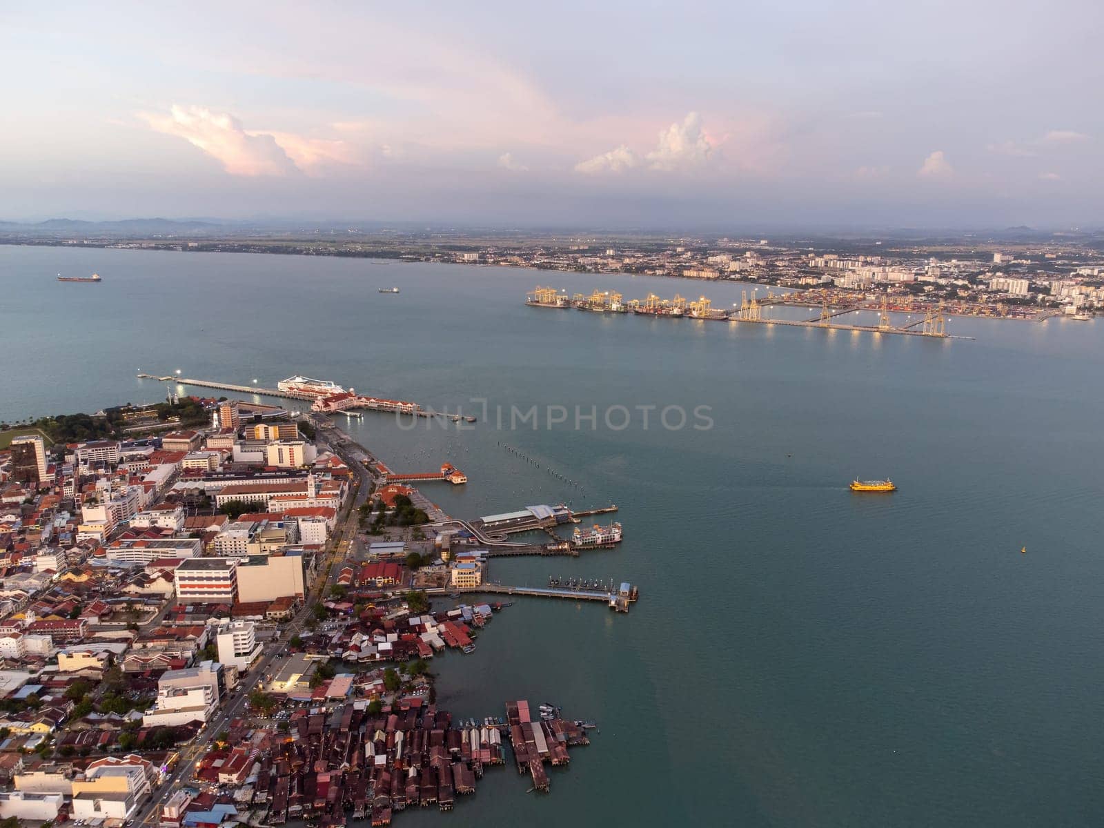 George Town, Penang, Malaysia - Aug 17 2022: Aerial view old clan jetty of wooden house