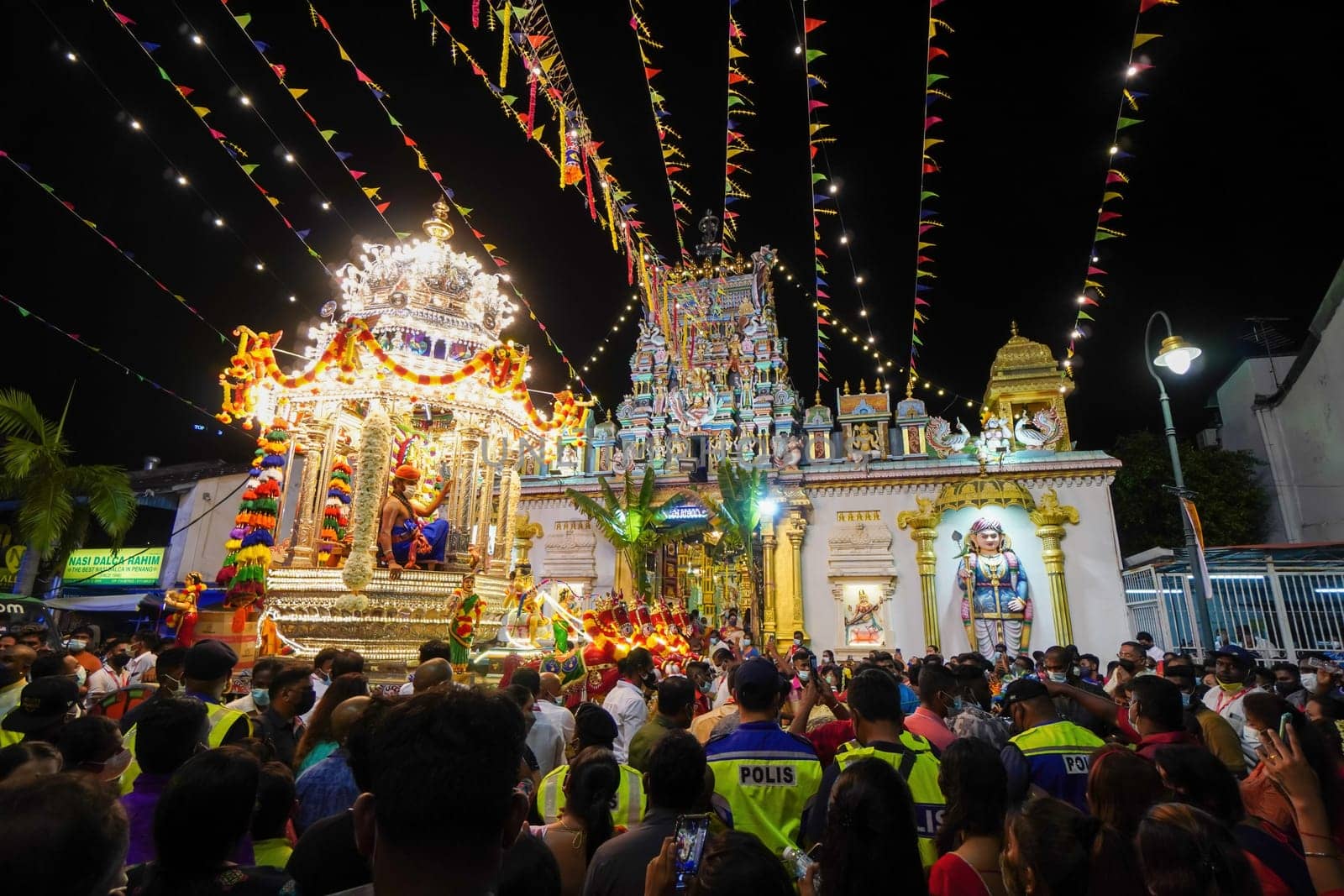 George Town, Penang, Malaysia - Jan 19 2022: Silver chariot at outdoor of Sri Mahamariamman Temple