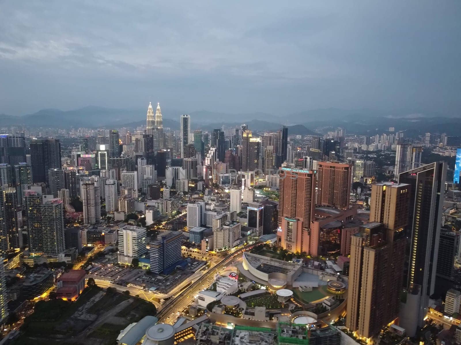 Bukit Bintang, Kuala Lumpur, Malaysia - Sep 11 2022: Aerial view Bukit Bintang skyscraper in blue hour