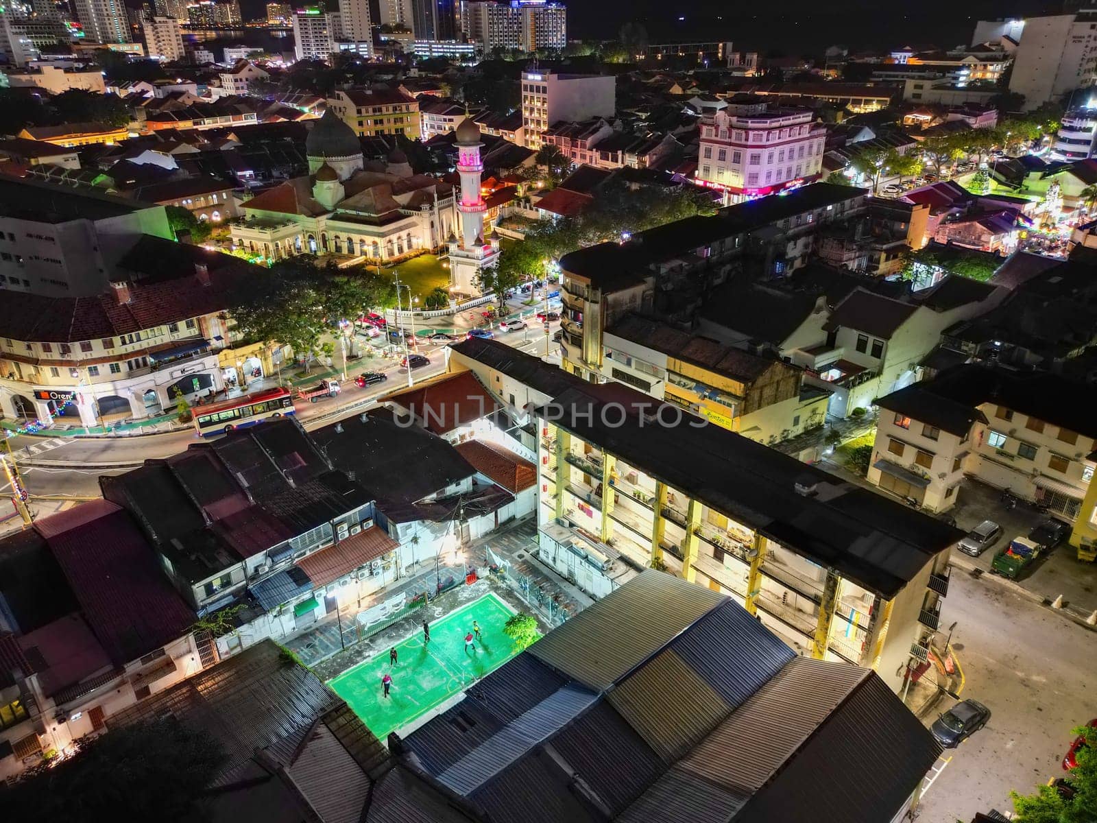George Town, Penang, Malaysia - Sep 24 2022: Aerial view old town heritage near Masjid Kapitan Keling in night
