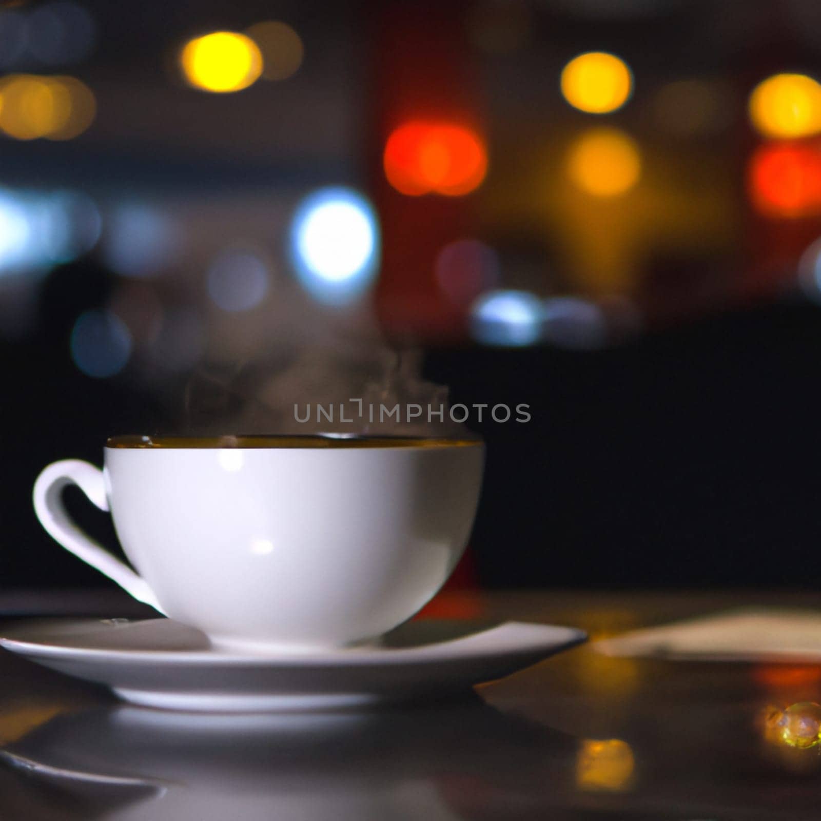 Cup of a hot tea in cafe. Anamorphic bokeh effect. Tilt-shift photo. Tasty aromatic tea in a lovely cup with a saucer. The tea is getting cold. Natural aroma. Label or advertisement. Evaporation