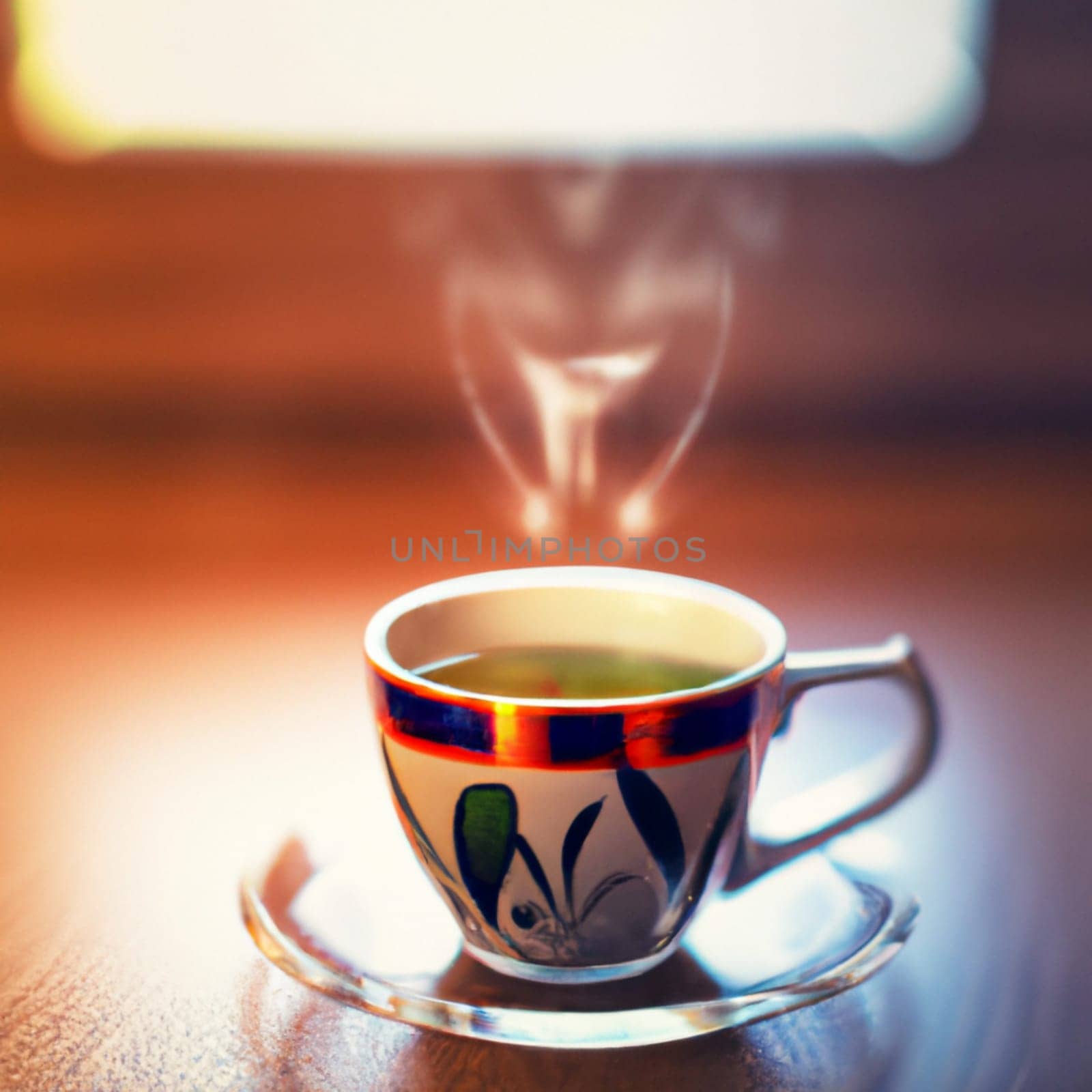 Cup of a hot tea in cafe. Anamorphic bokeh effect. Tilt-shift photo. Tasty aromatic tea in a lovely cup with a saucer. The tea is getting cold. Natural aroma. Label or advertisement. Evaporation