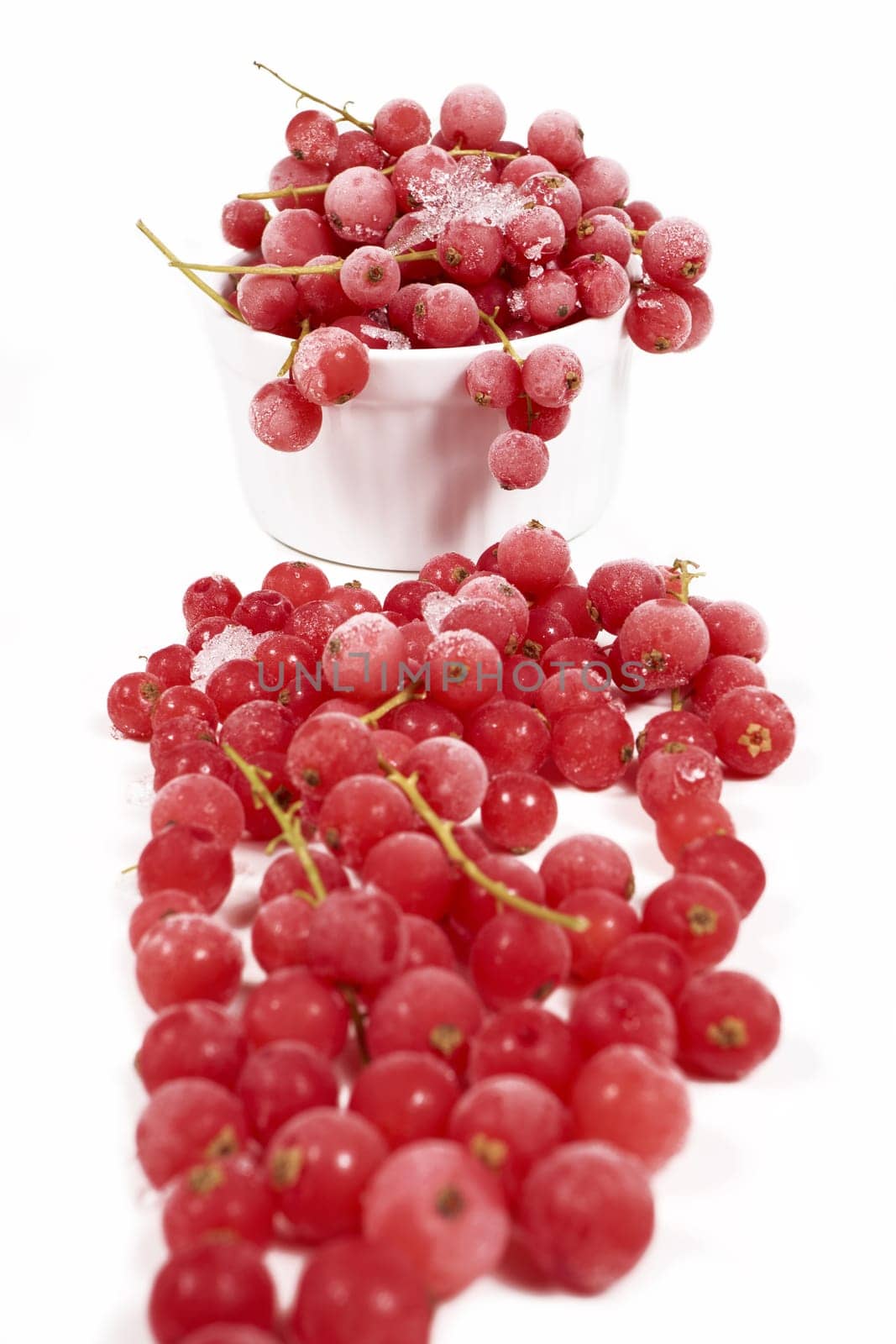 Frozen currants with stems in porcelain bowl