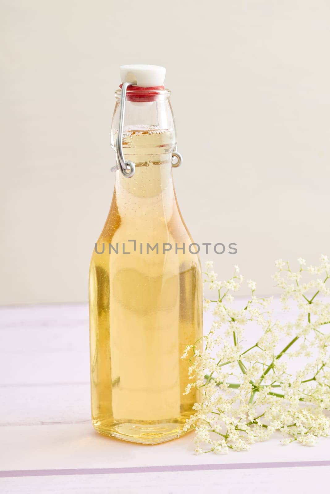 Elderflowers,sugar and lemons in a bottle for the production of elderflower syrup