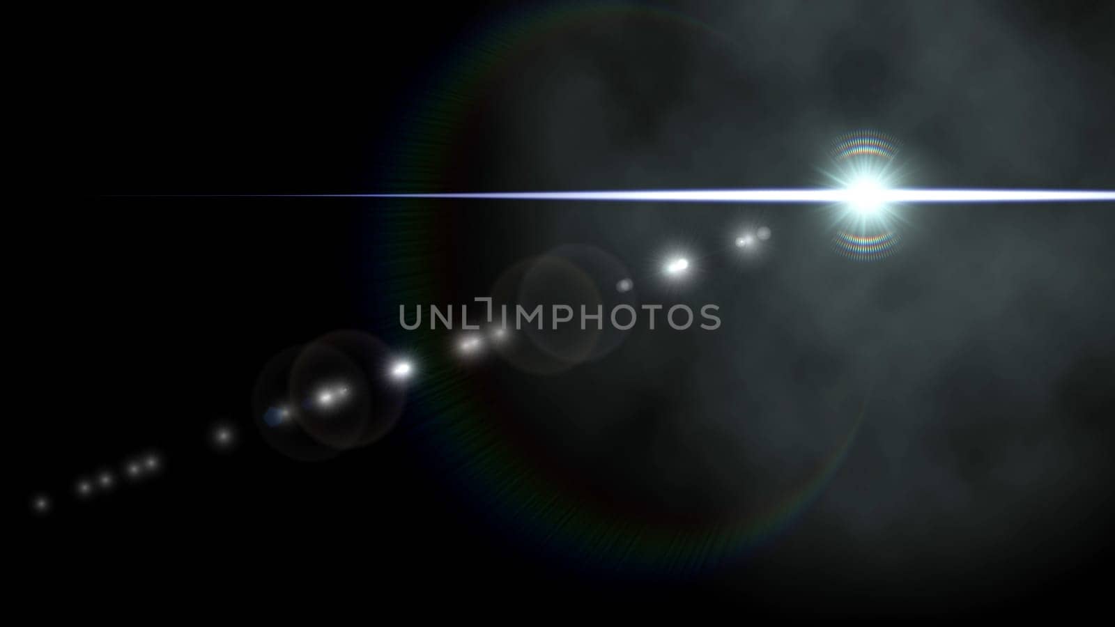 Lens flare animation in dust background. 2D layout illustration