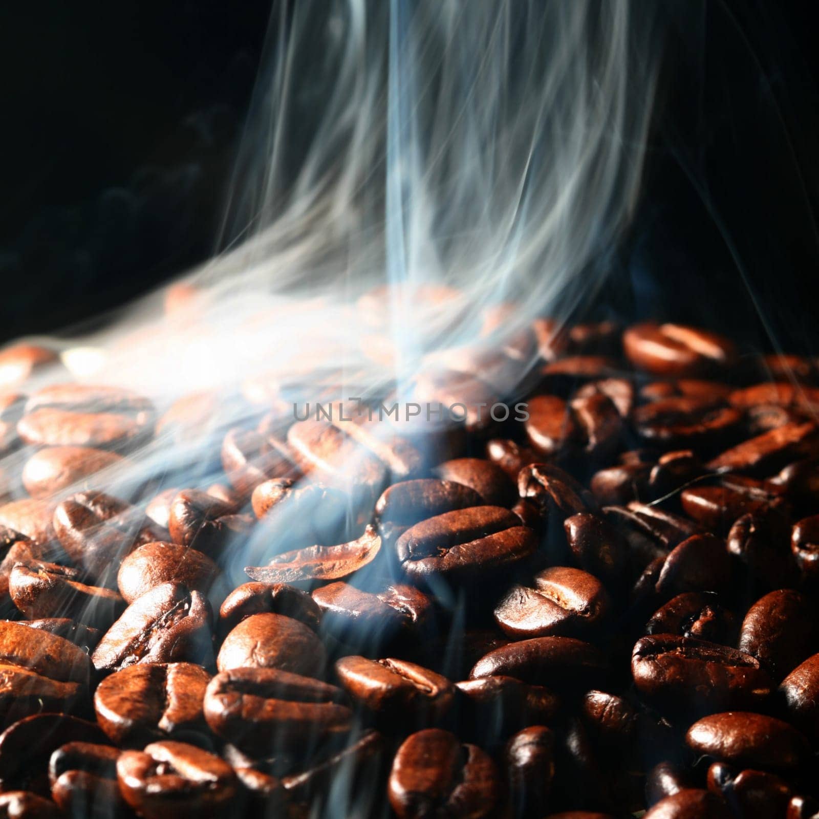macro coffee beans in aroma smoke