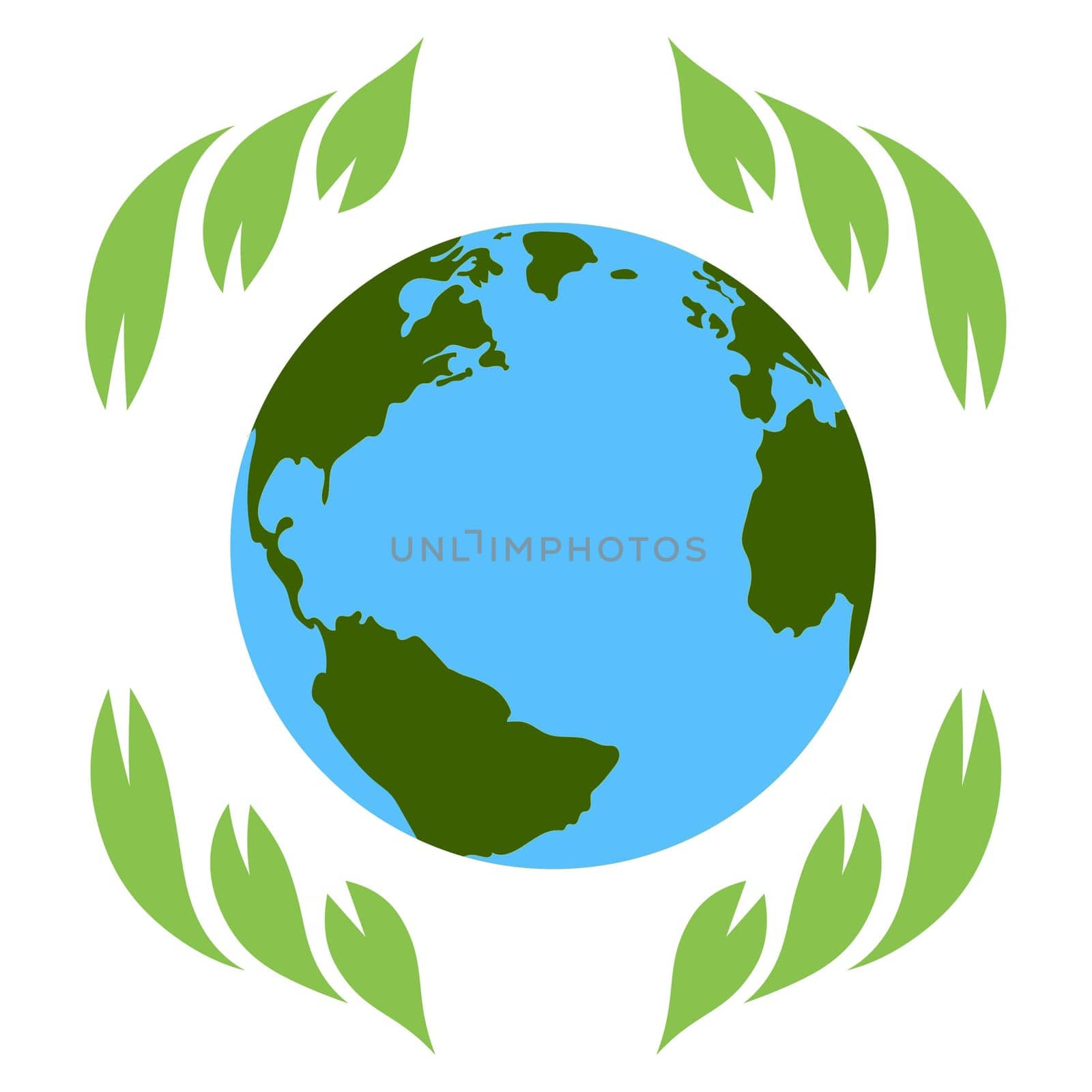 Earth globe surrounded by green leaves on a white background. The concept of ecology, Earth Day. Vector image.