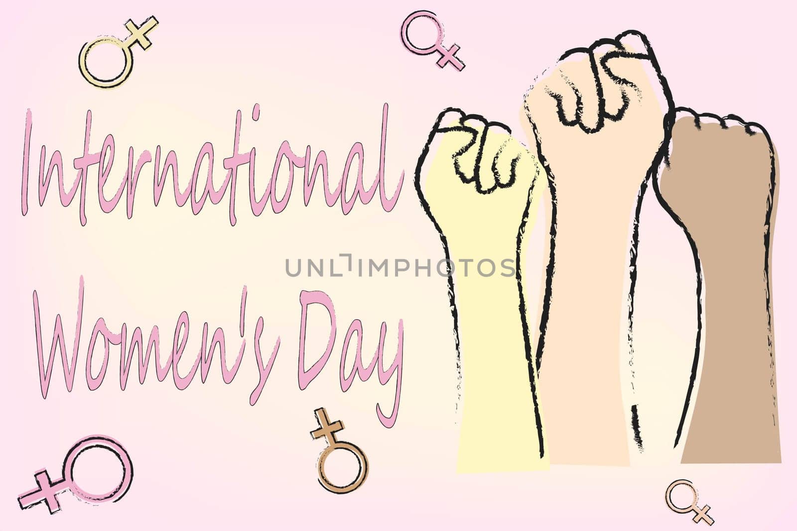 Three hands clenched into a fist, women of different races and a female symbol on a light background. The concept of international women's day on March 8. Vector image.