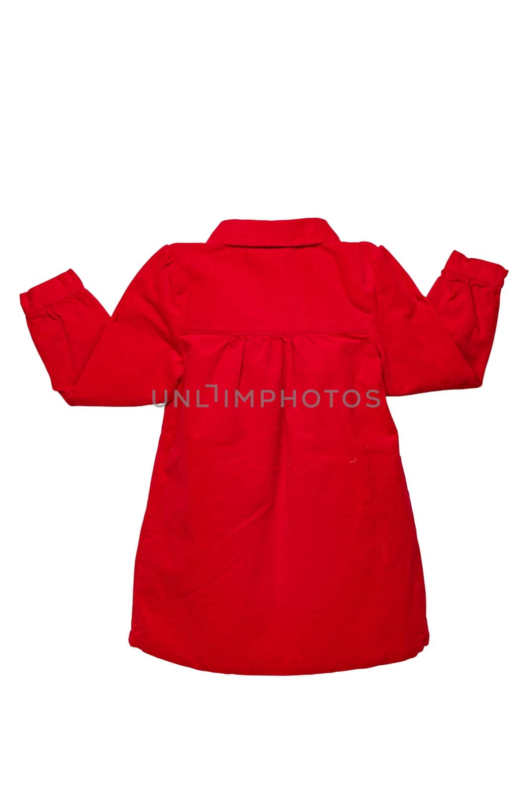 Summer dress isolated. A beautiful red girl's dress with attached heart shaped pockets and long sleeves isolated on white. Kids spring and autumn fashion. Back view.