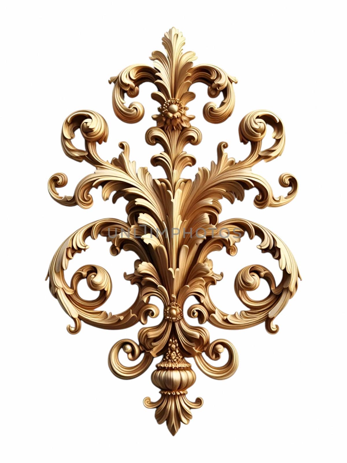 A gold baroque ornament featuring intricate scrolls and flourishes against a white background. the ornament has a vintage, antique appearance with a metallic