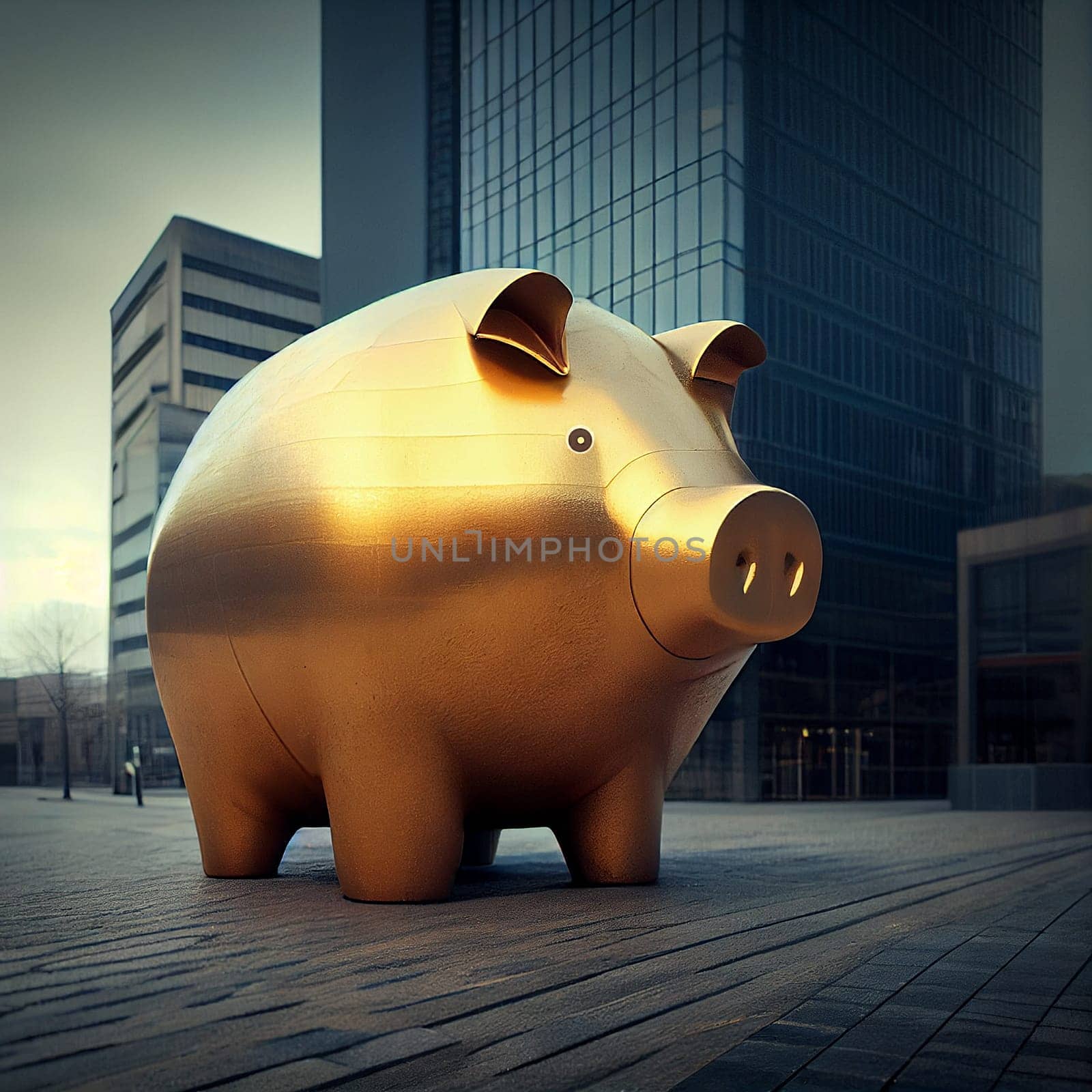 Golden piggy bank in the city, finance and banking, save money, investment plan, financial crisis, generative AI