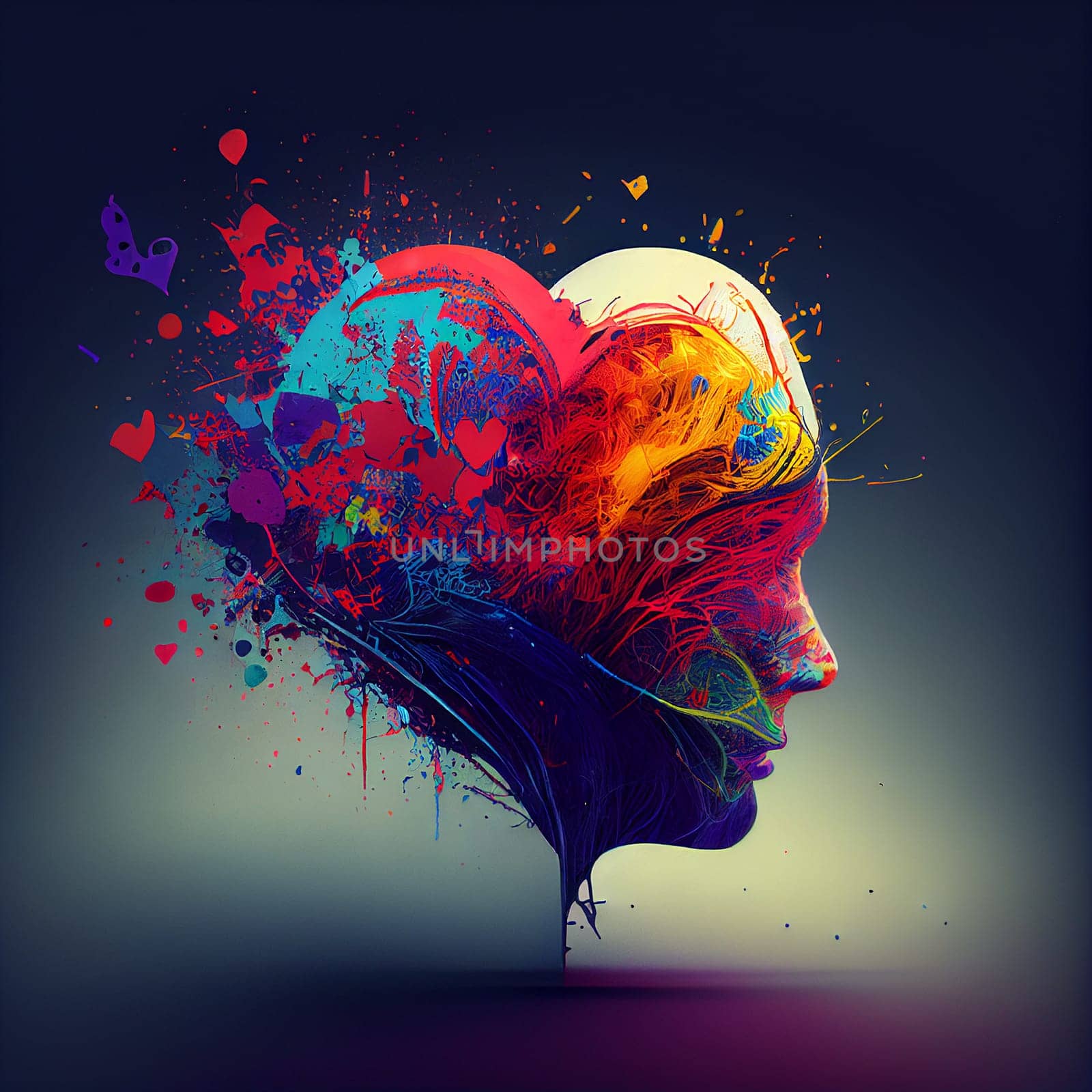 Brain with heart splash, love and passion, self esteem and mental health care concept, positive thinking, creative mind, generative AI