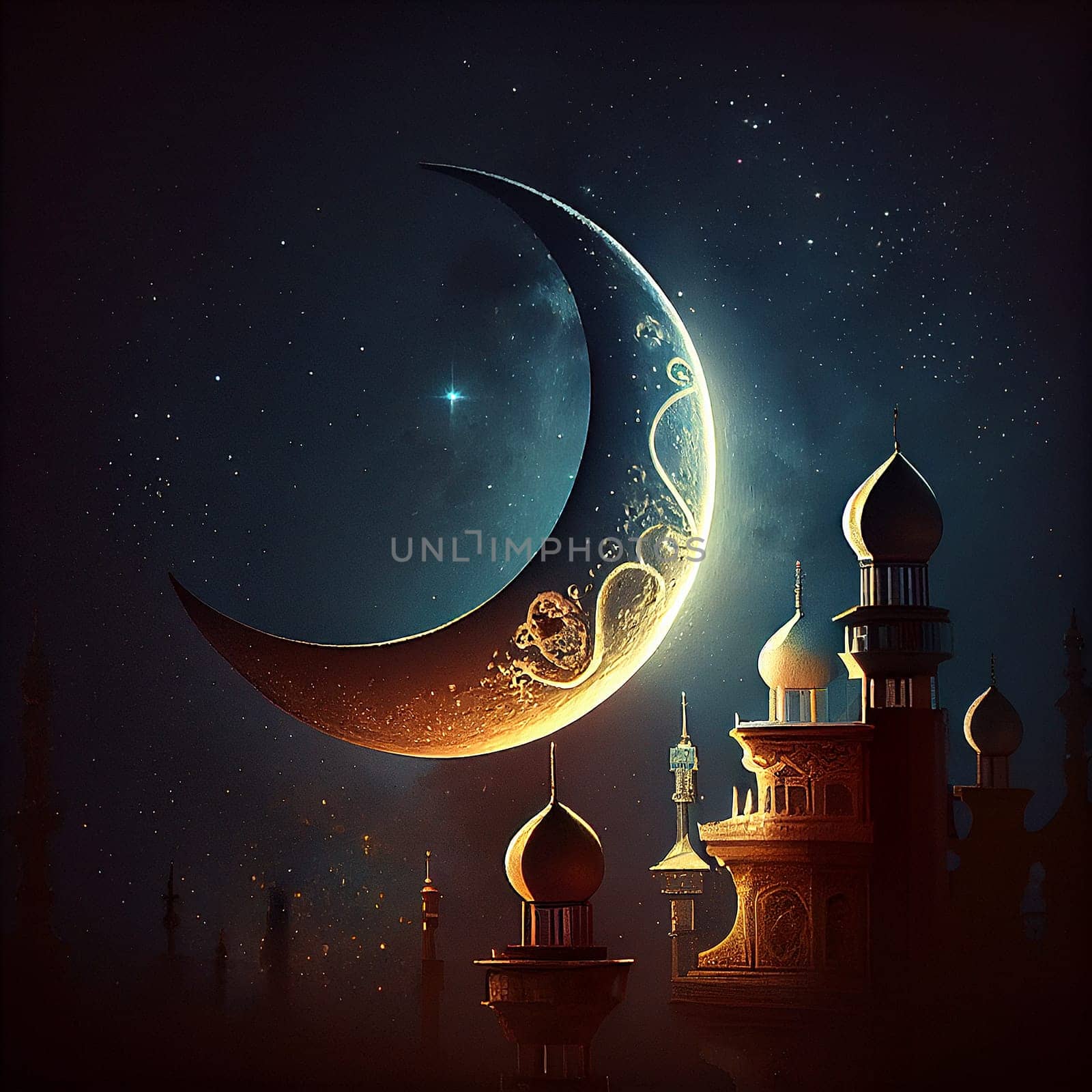 Fastening month of Ramadan, religion of Islam, crescent moon over the mosque, generative AI