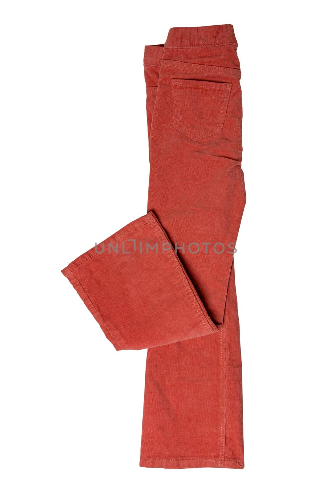 Women casual pants. Close-up of womans fashionable red trousers or jersey sweatpants isolated on a white background. Clipping path. Jogging outfit for workout.