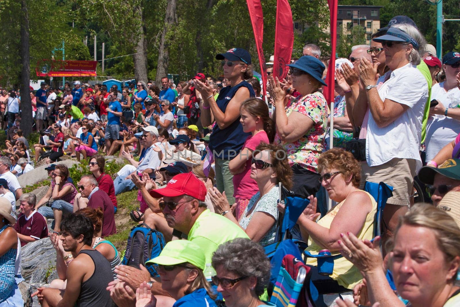 Dragon boat races on Lake Champlain in Burlington, Vermont, USA.  The races are held to raise money for breast cancer survivors.