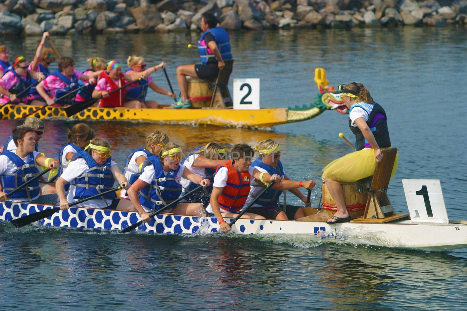 Dragon boat races on Lake Champlain in Burlington, Vermont, USA.  The races are held to raise money for breast cancer survivors..