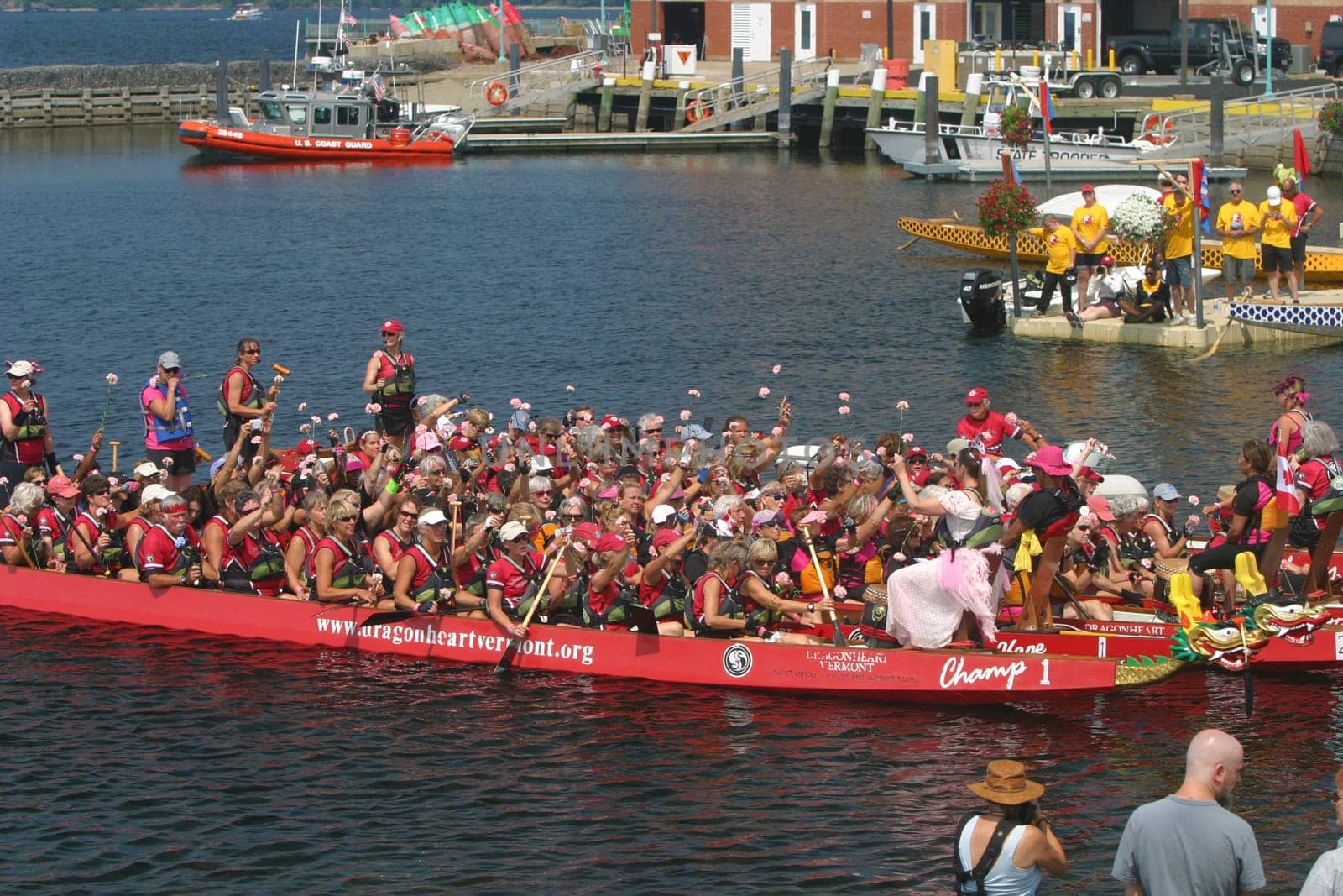 Dragon boat races on Lake Champlain in Burlington, Vermont, USA.  The races are held to raise money for breast cancer survivors.