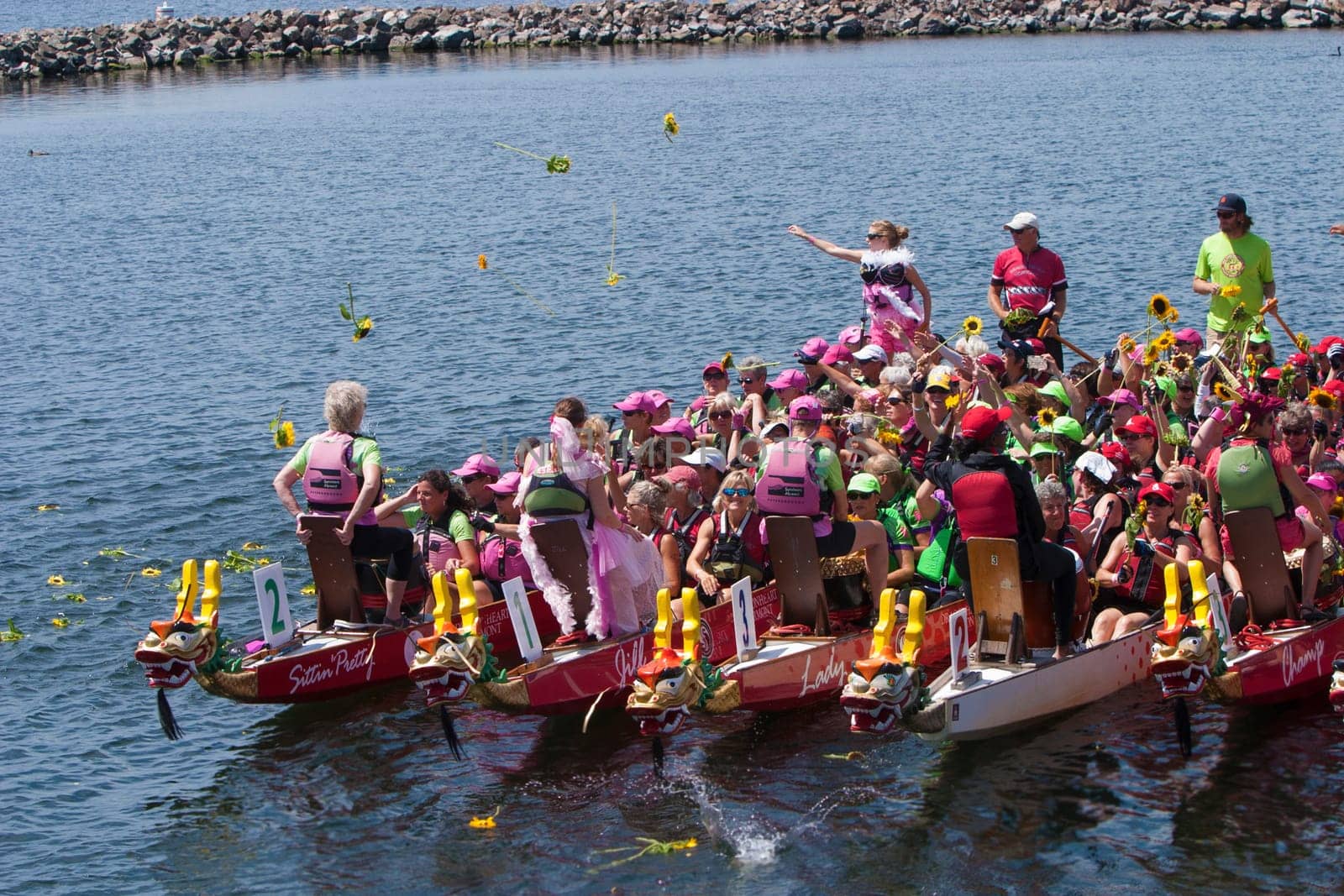 Flower Ceremony at Dragon Boat races.  Tkhe flowers represent a brest cancer patient that didn't survive.  on Lake Champlain Burlington, Vermont.
