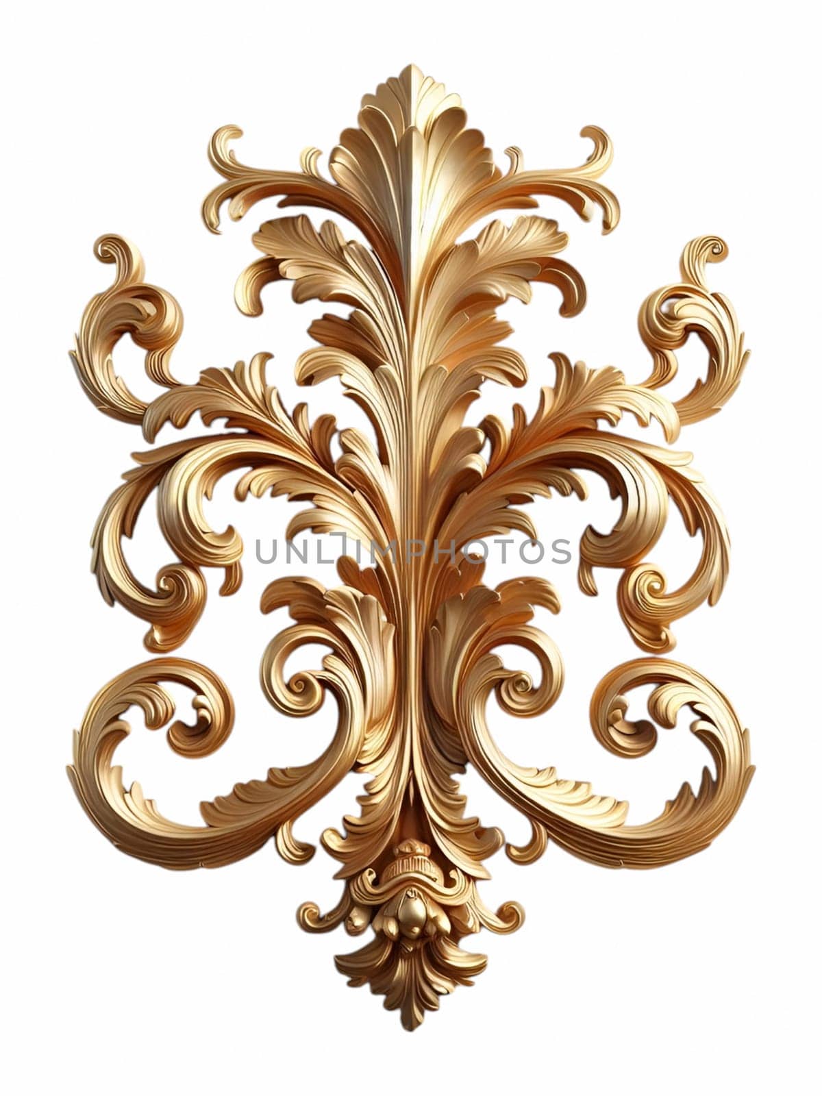 A gold baroque ornament featuring intricate scrolls and flourishes against a white background. the ornament has a vintage, antique appearance with a metallic