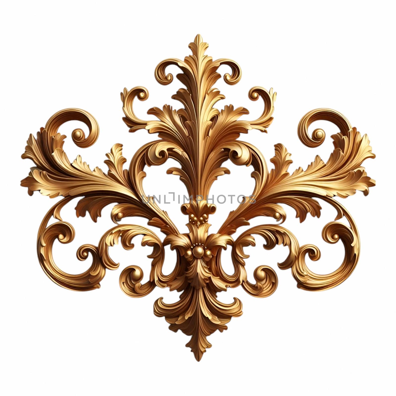 A gold baroque ornament featuring intricate scrolls and flourishes against a white background. the ornament has a vintage, antique appearance with a metallic