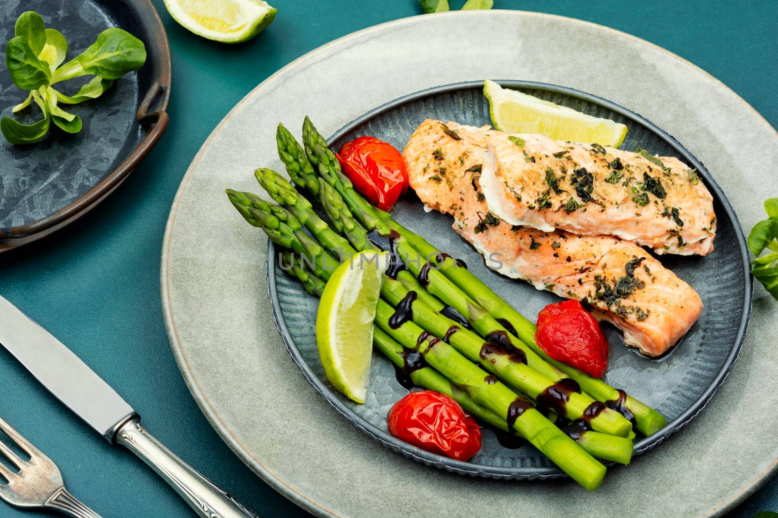 Tasty dish of trout, asparagus and tomato. Space for text.