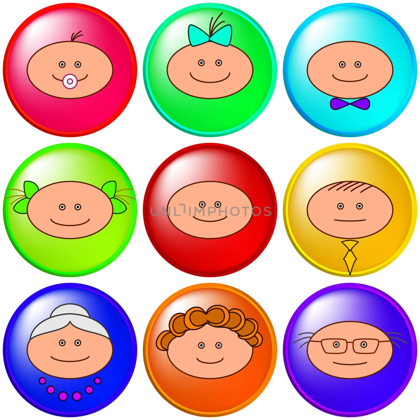 Set vector icons, buttons: people, family faces: grandmother, grandfather, mother, father, children