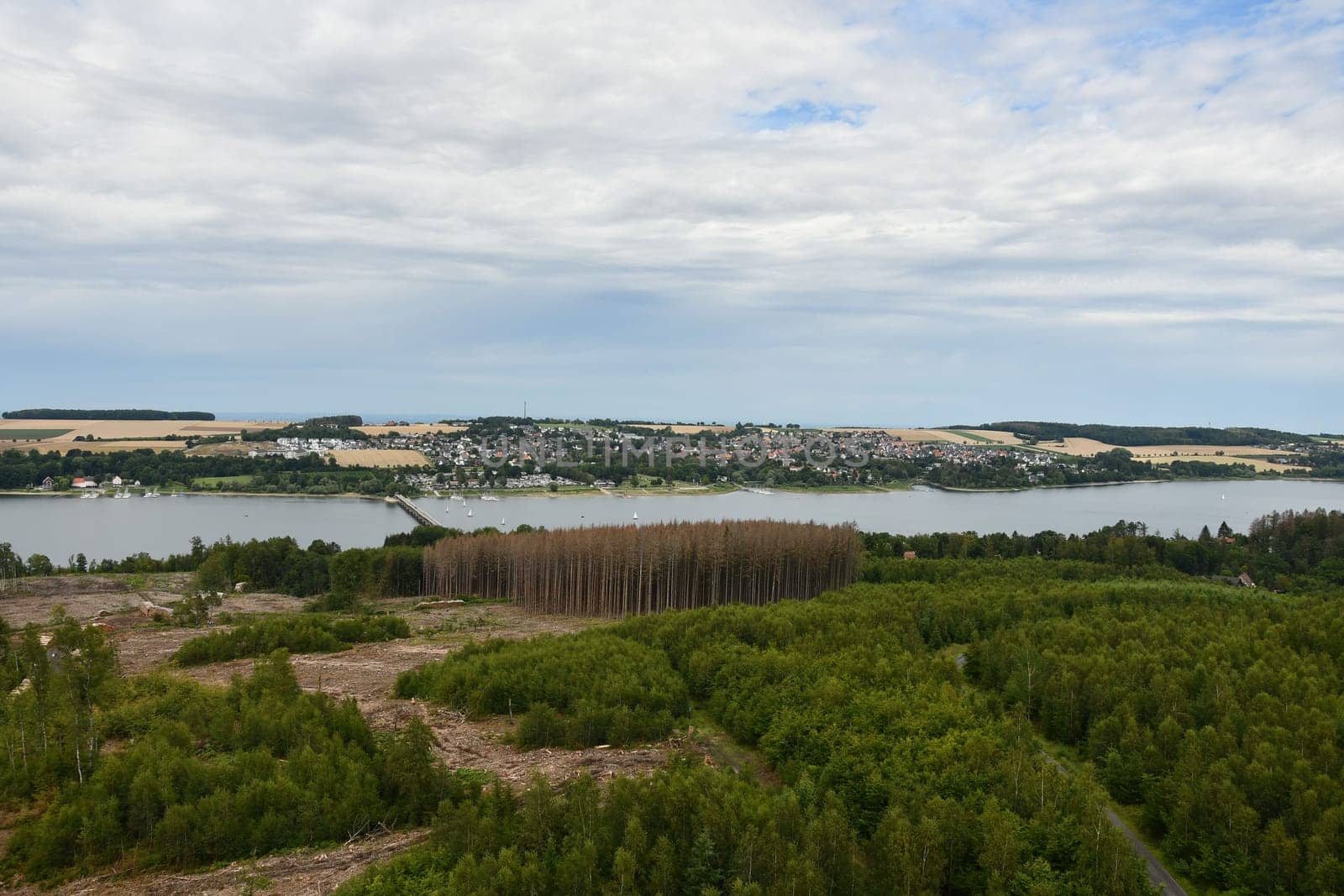Aerial view of Moehne Reservoir in Korbecke, Germany