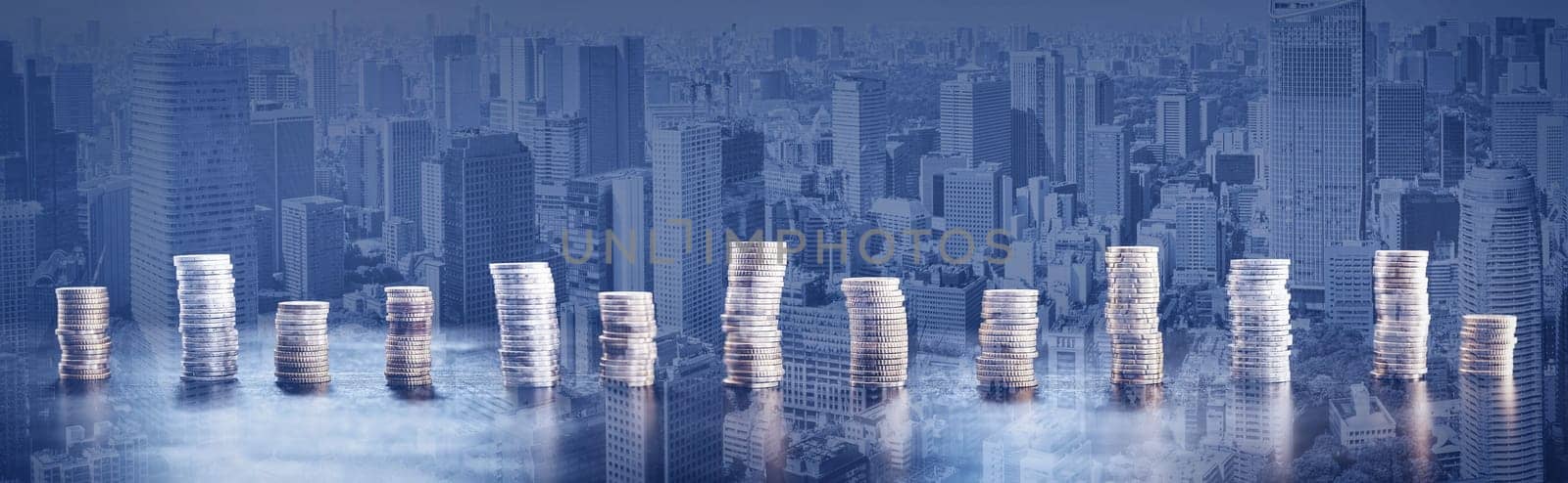 Towers of the coins on the abstract background. Conceptual symbol of the global economy.