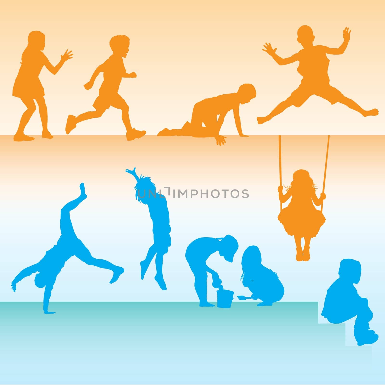 Silhouettes of Young Children. Also Available as a Vector Image (Adobe Illustrator (AI)). A variety of ages. Please view my other silhouette images for more ranges in ages and activities.