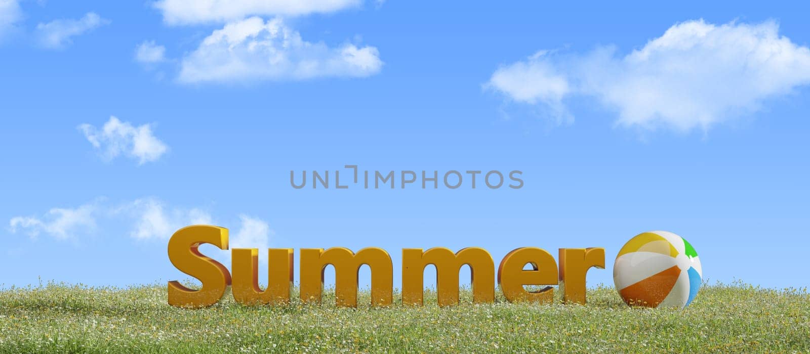 The word summer on a green meadow with a beautiful blue sky, 3d rendering
