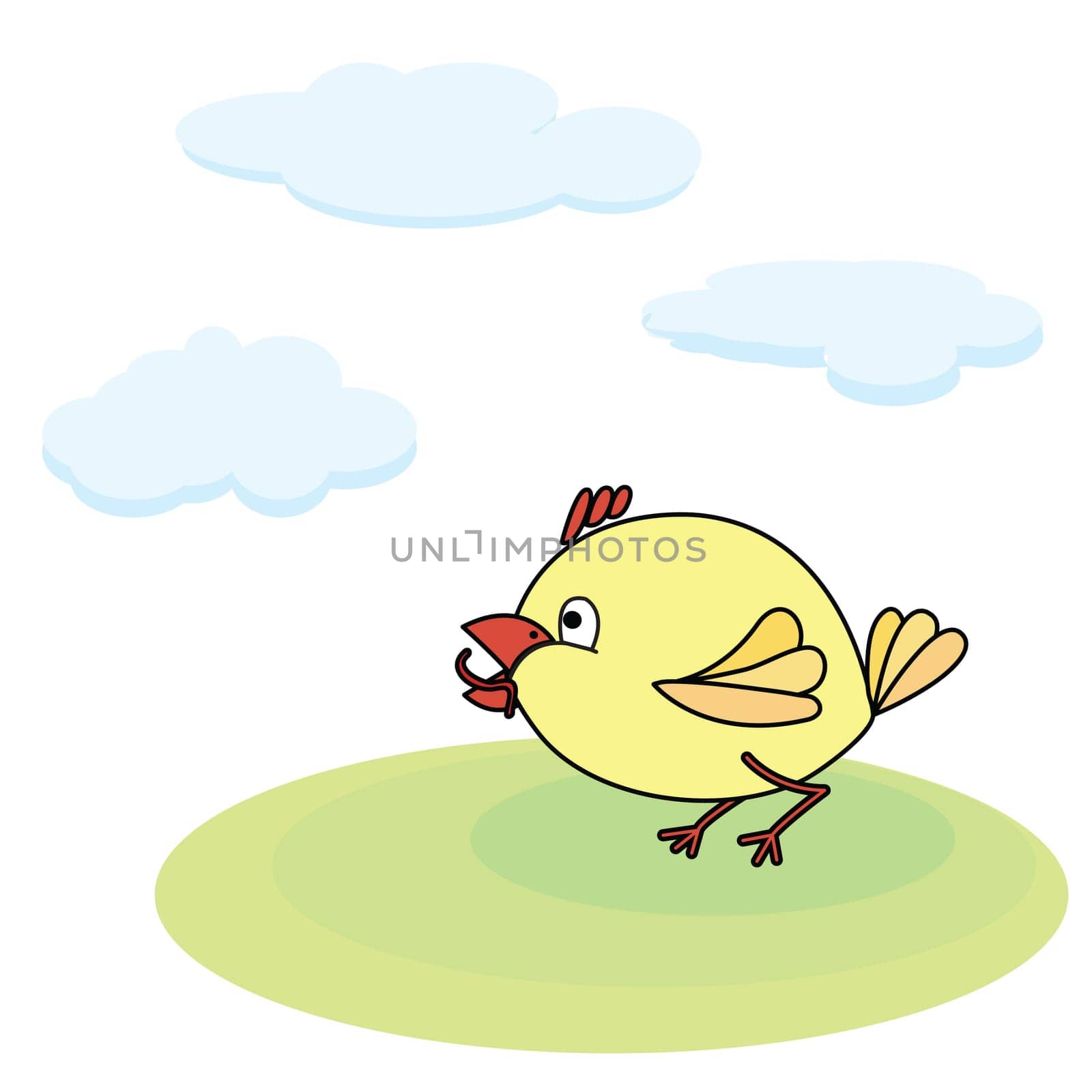Little yellow chicken with worm. Vector illustration.