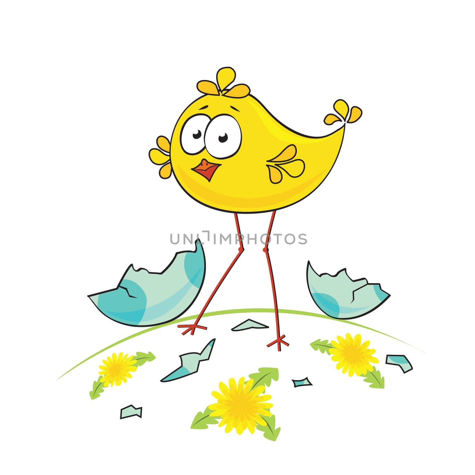 Cute little chicken on the meadow. Vector illustration for Easter holiday