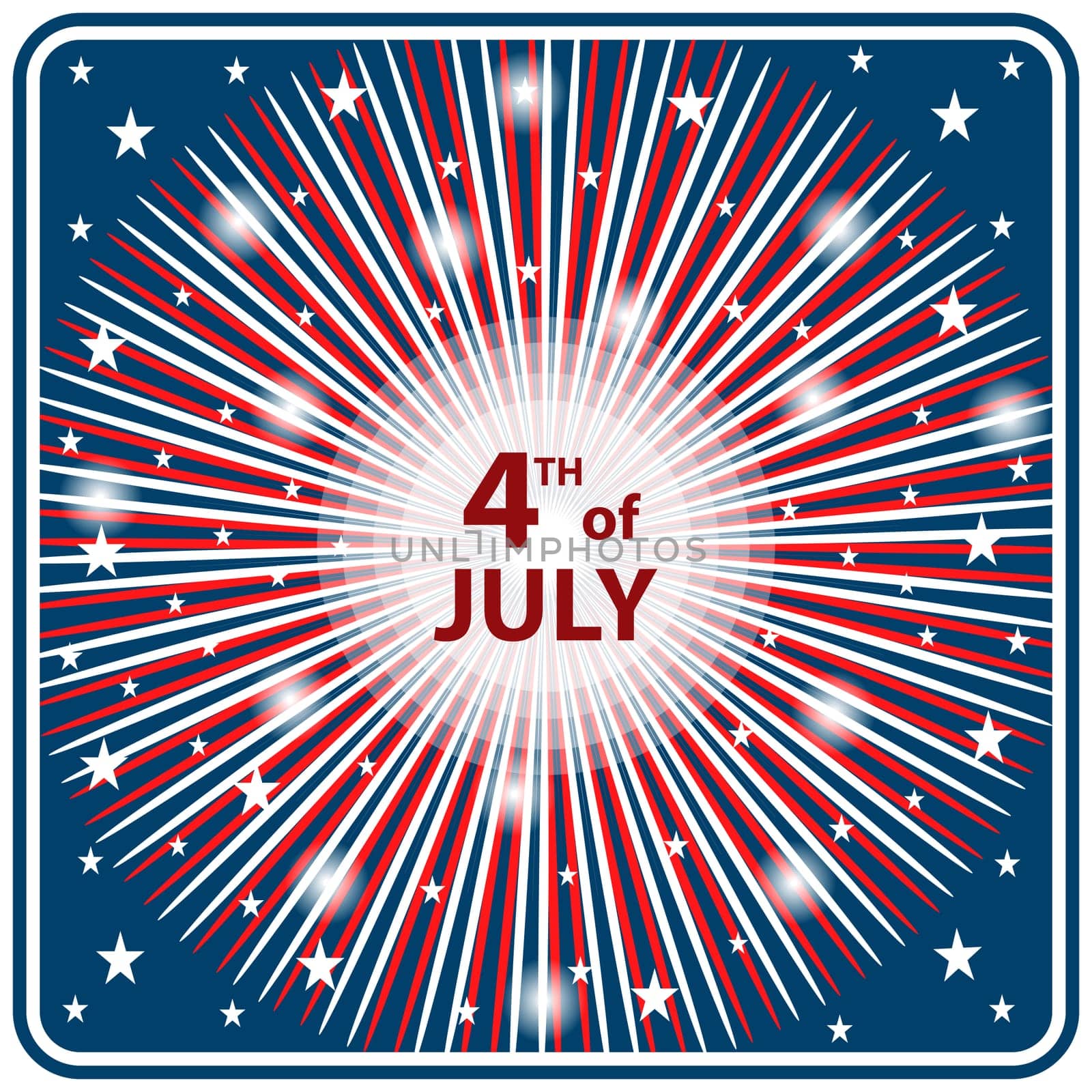 American flag colors in a starburst firework effect symbolizing 4th of July independence day celebrations.