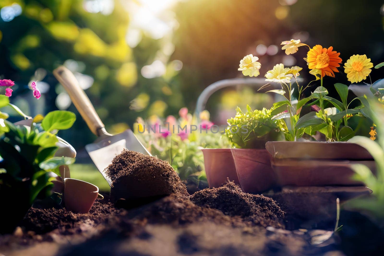 Potted plants and seedlings with gardening tools, generative ai