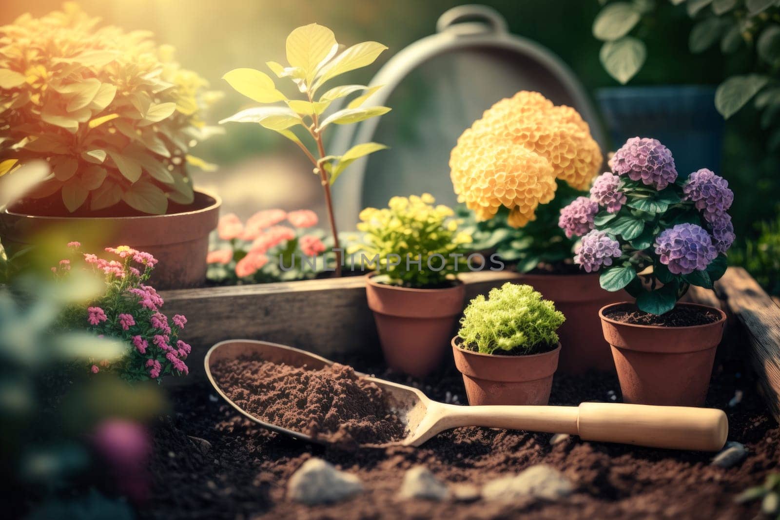Garden flowers, plants and tools on a sunny background. Gardening concept generative ai